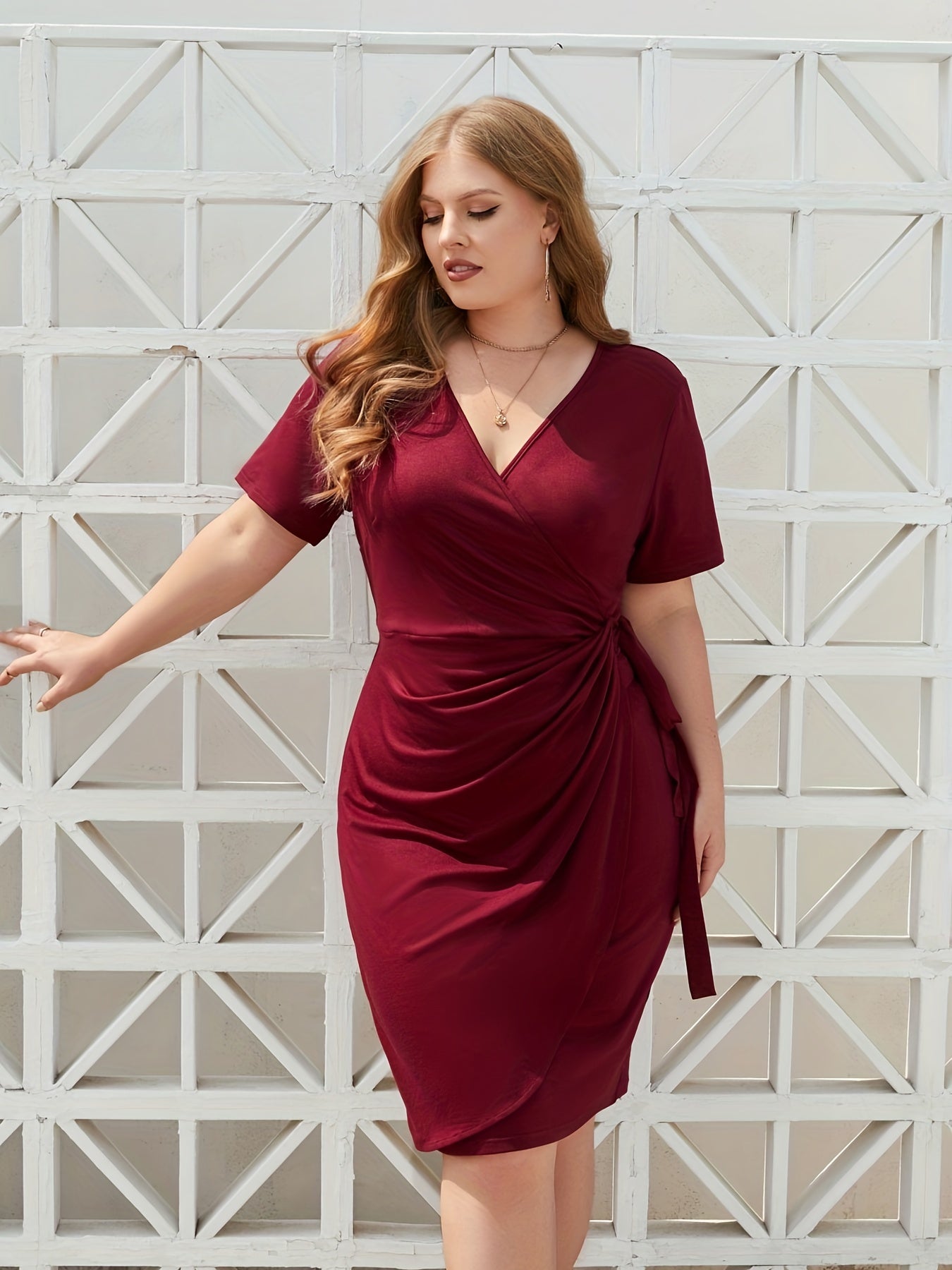 Antmvs Plus Size Casual Dress, Women's Plus Solid Short Sleeve Surplice Neck Knot Side Medium Stretch Knee Length Wrap Dress