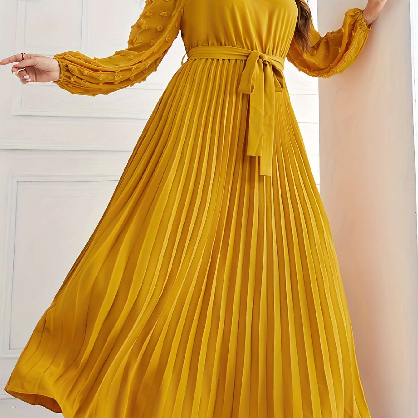Antmvs Plus Size Casual Dress, Women's Plus Solid Swiss Dot Off Shoulder Lantern Sleeve Slight Stretch Pleated Maxi Dress With Belt