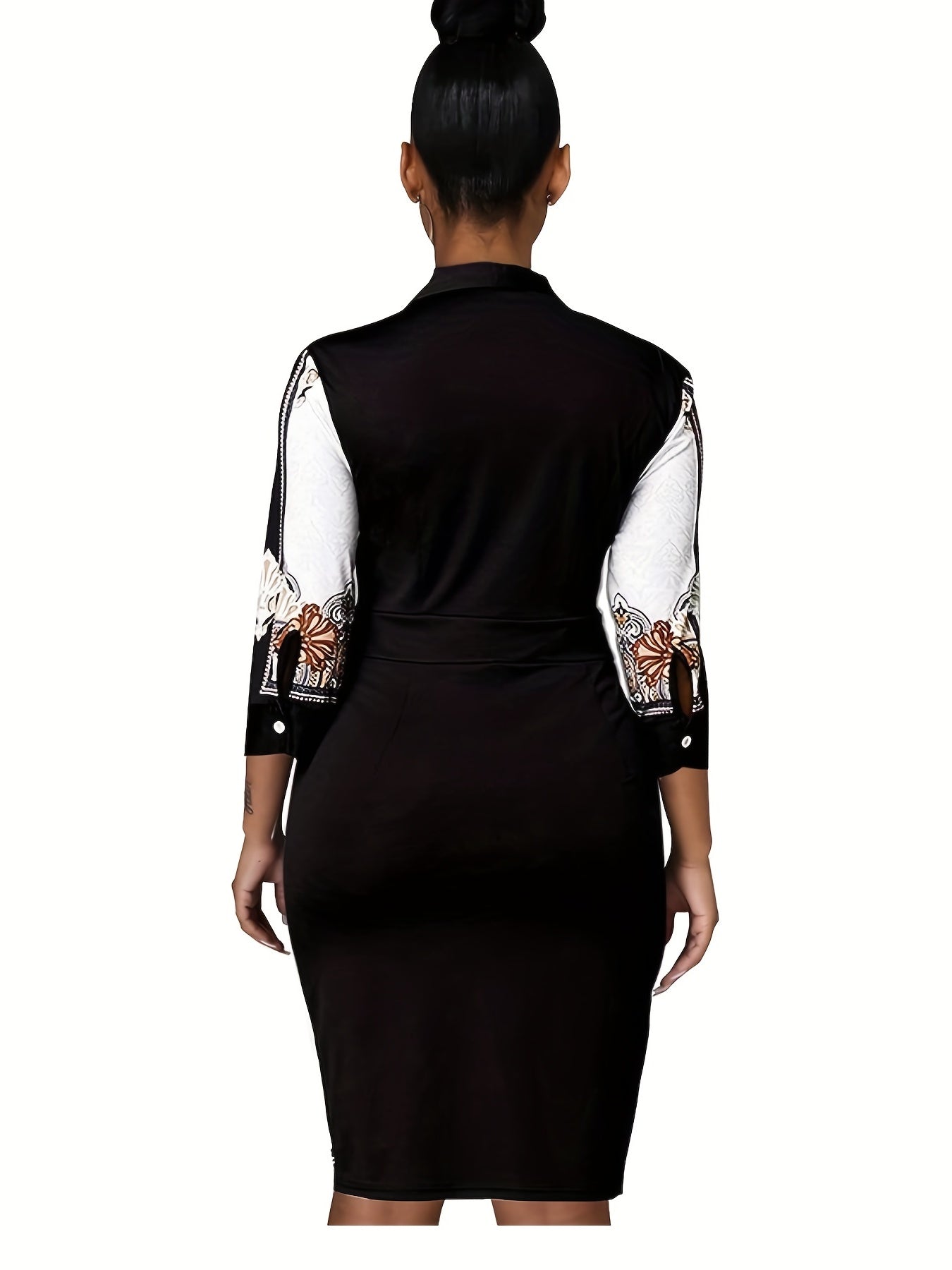 Antmvs Color Block Mandala Print Lapel Dress, Elegant Button Front Three-quarter Sleeve Dress, Women's Clothing