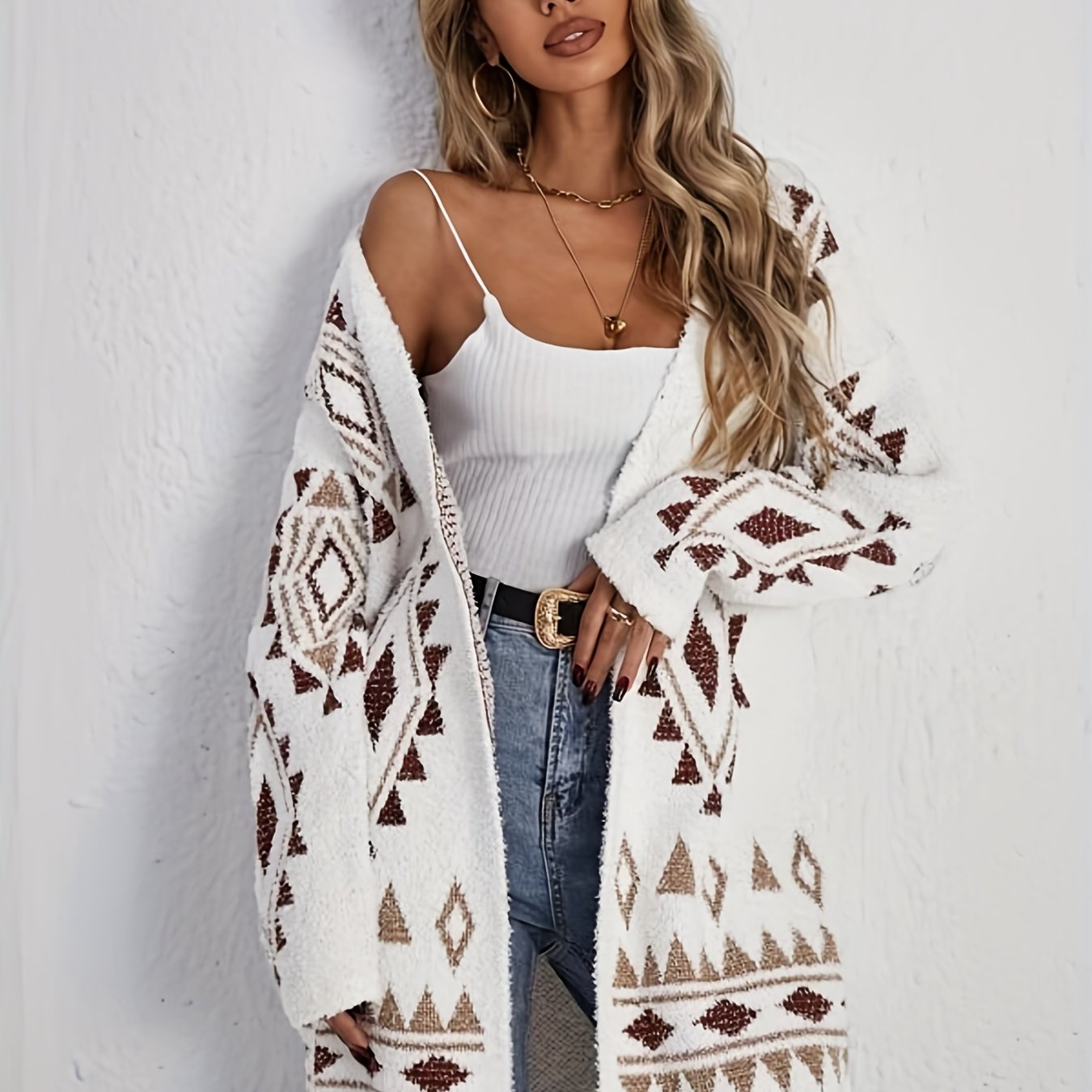 Antmvs Geometric Pattern Open Front Cardigan, Casual Long Sleeve Mid Length Cardigan, Women's Clothing