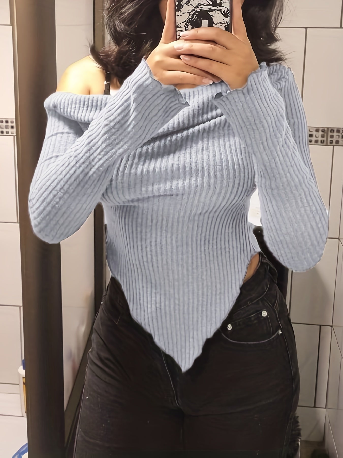 Antmvs Solid Ruched Asymmetrical Neck T-Shirt, Casual Hanky Hem Long Sleeve Top For Spring & Fall, Women's Clothing