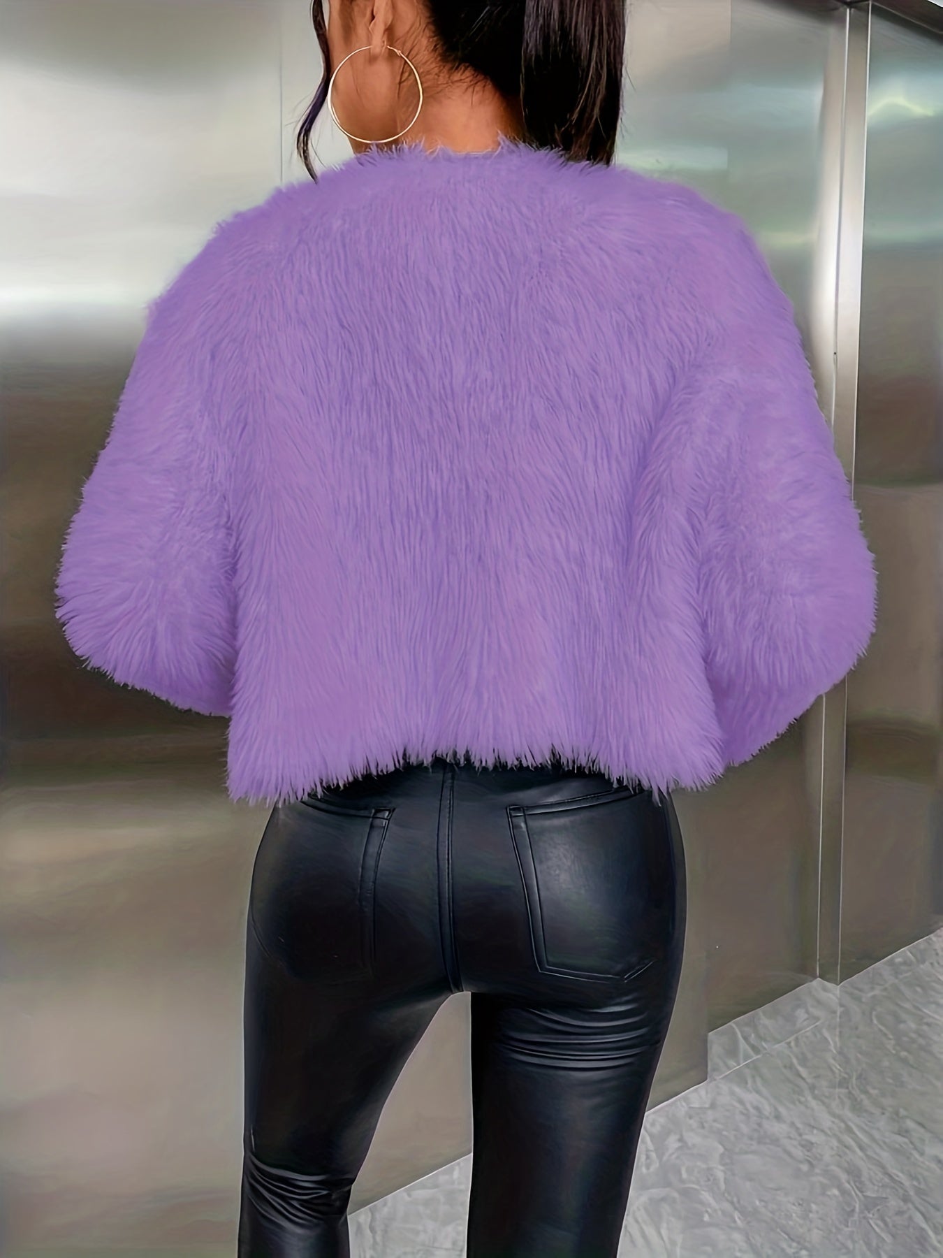 Antmvs Solid Fuzzy Cardigan, Casual Open Front Long Sleeve Cardigan, Women's Clothing