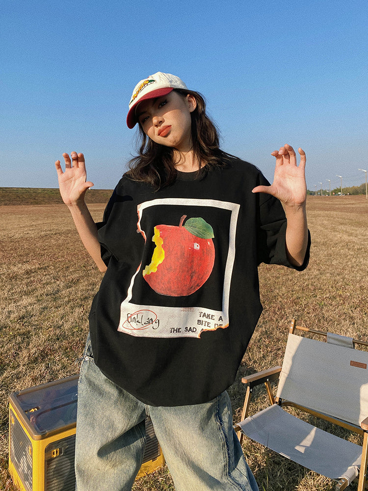 Antmvs Oula Vintage Apple Print Short Sleeve Baggy T-shirt Top