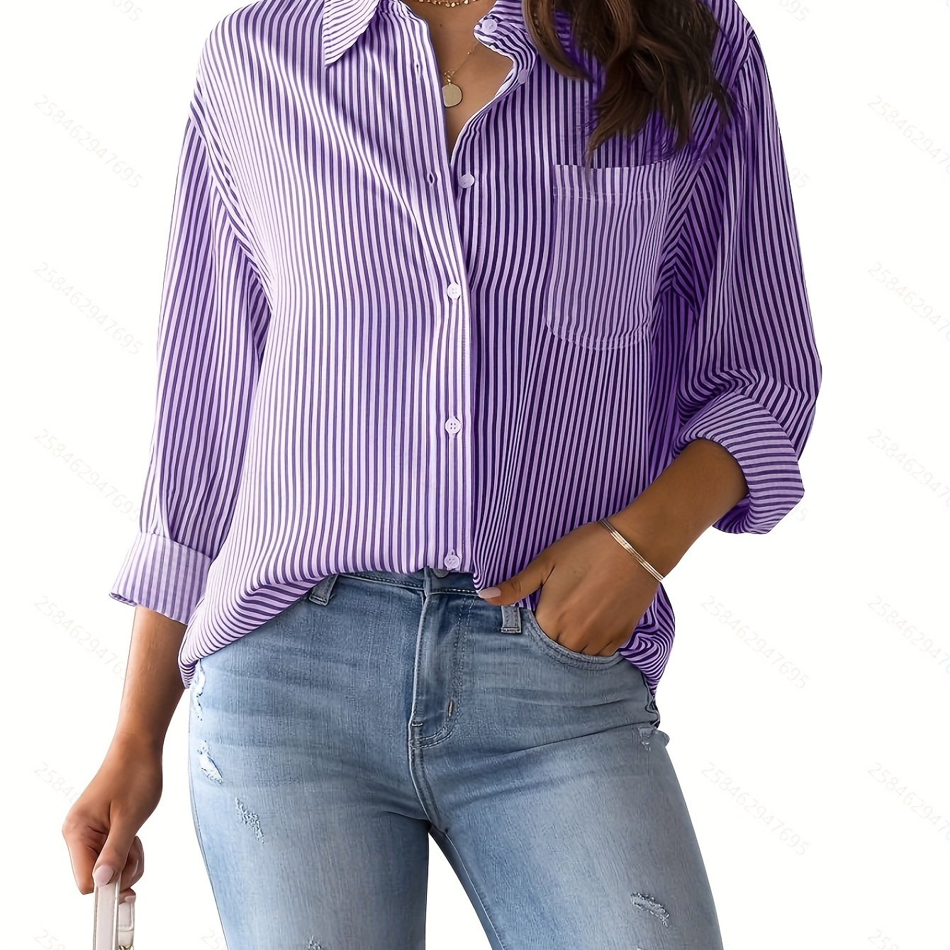 Antmvs Women's Loose Striped Blouse, Crew Neck Long Sleeve Blouse, Casual Every Day Blouse, Women's Clothing