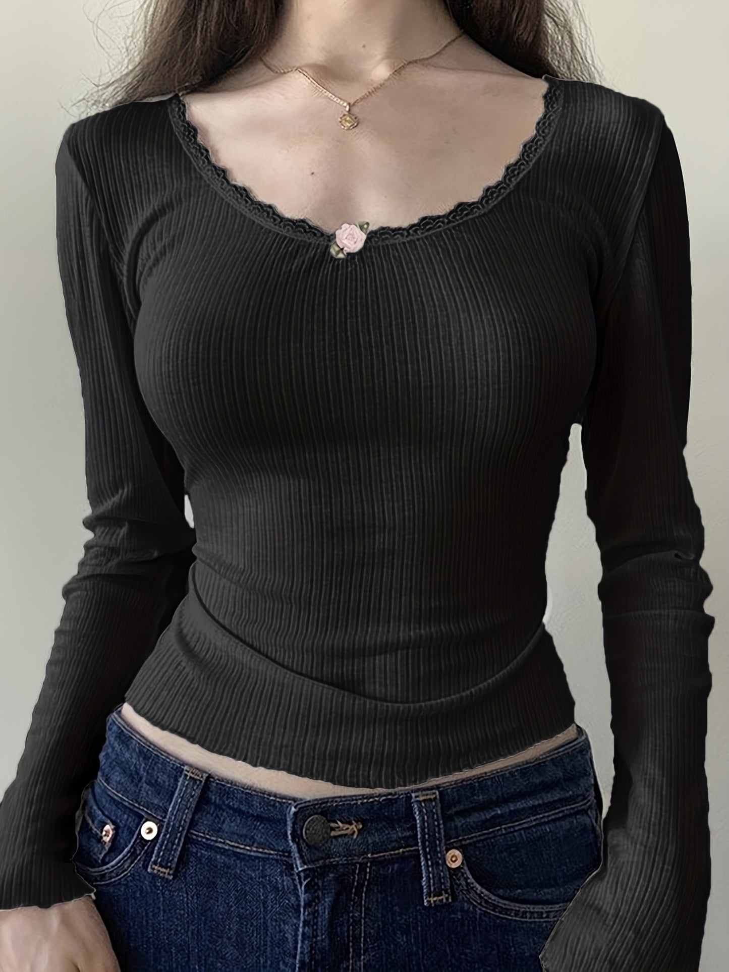 Antmvs Lace Trim Ribbed Crew Neck T-Shirt, Casual Long Sleeve Top For Spring & Fall, Women's Clothing