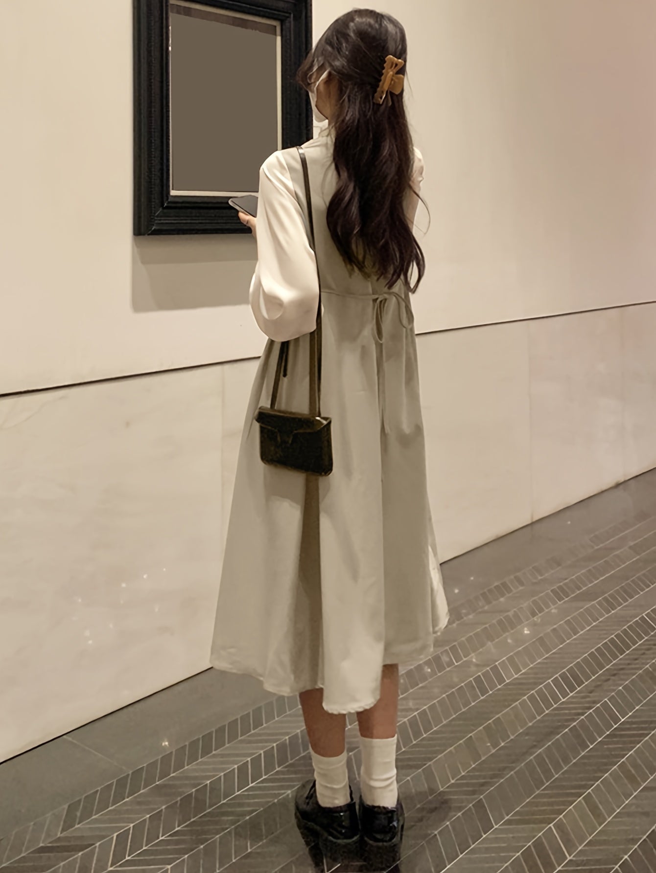 Antmvs Color Block Ruffle Trim Splicing Dress, Vintage Single Breasted Long Sleeve Dress For Spring & Fall, Women's Clothing