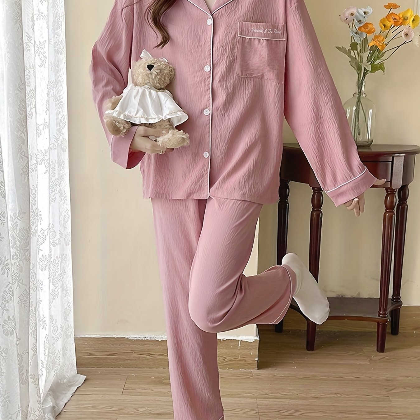 Antmvs Letter Print Lounge Set, Long Sleeve Buttons Top & Elastic Waistband Pants, Women's Loungewear & Sleepwear
