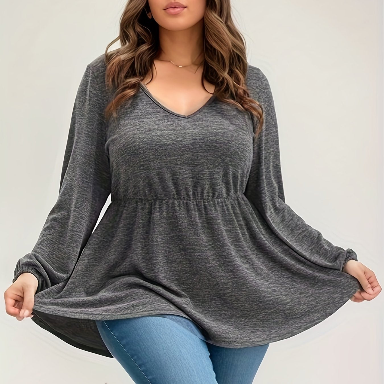 Antmvs Plus Size Casual Top, Women's Plus Plain Lantern Sleeve V Neck Nipped Waist Top