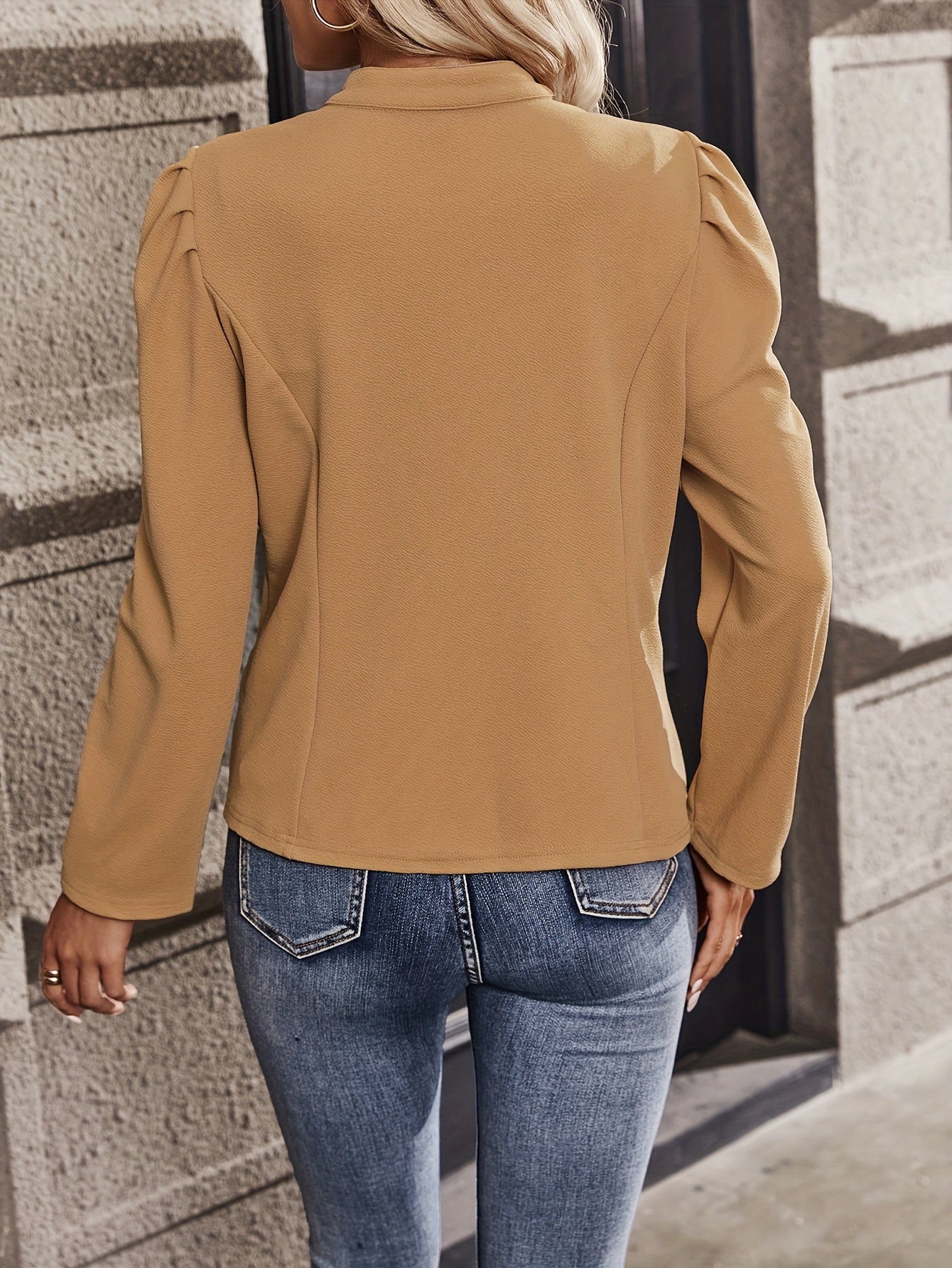 Antmvs Ruched Solid Blazer, Elegant Open Front Long Sleeve Outerwear, Women's Clothing