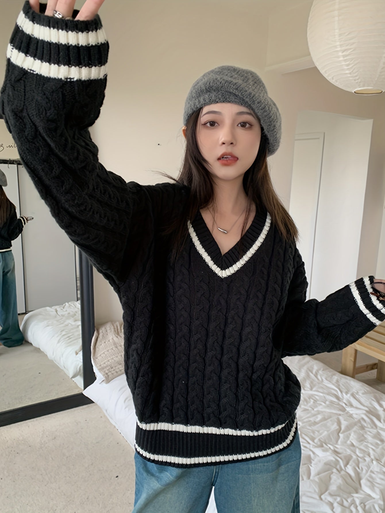 Antmvs Cable V Neck Pullover Sweater, Casual Long Sleeve Drop Shoulder Sweater, Women's Clothing