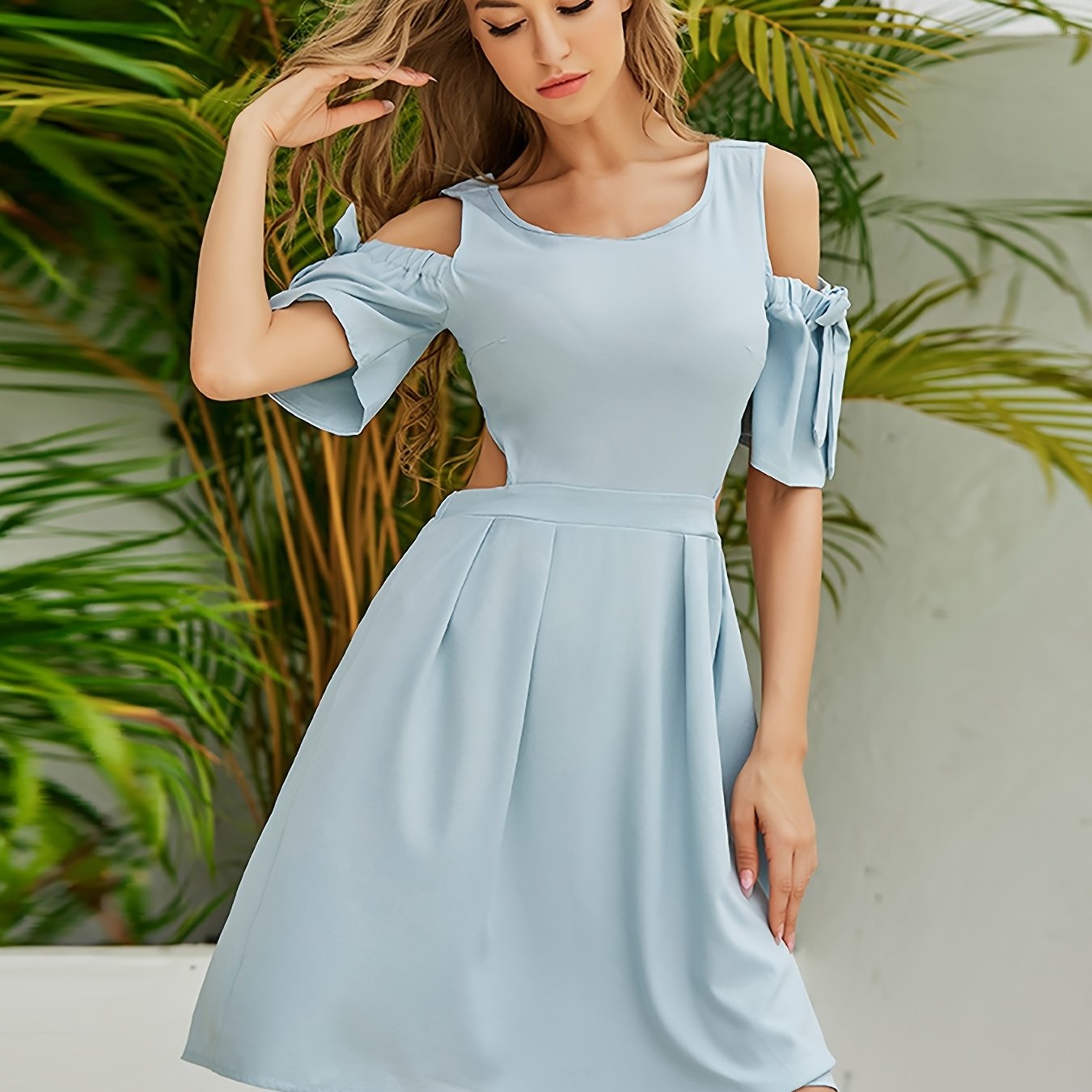 Antmvs Elegant Off Shoulder Women's High Waist Dress, Fashion Solid Slim Temperament Dress, Women's Clothing