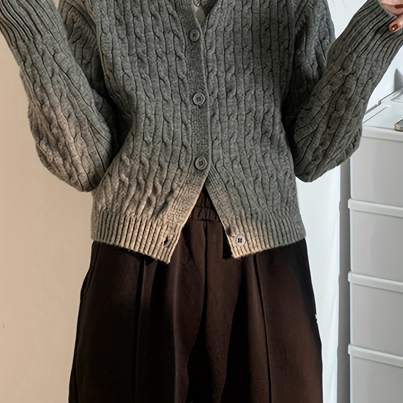 Antmvs Solid Button Up Cable Knit Cardigan, Elegant Crew Neck Long Sleeve Sweater For Spring & Fall, Women's Clothing