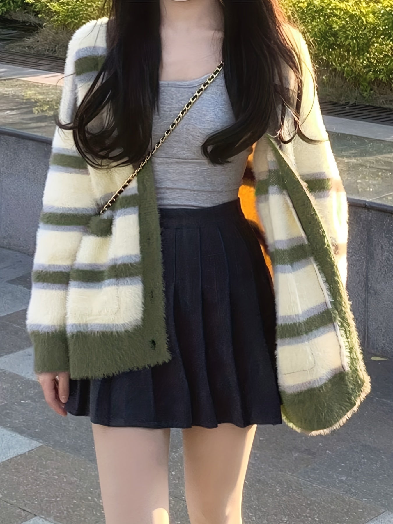 Antmvs Striped Button Down Knit Cardigan, Cute Long Sleeve Loose Sweater With Pocket, Women's Clothing