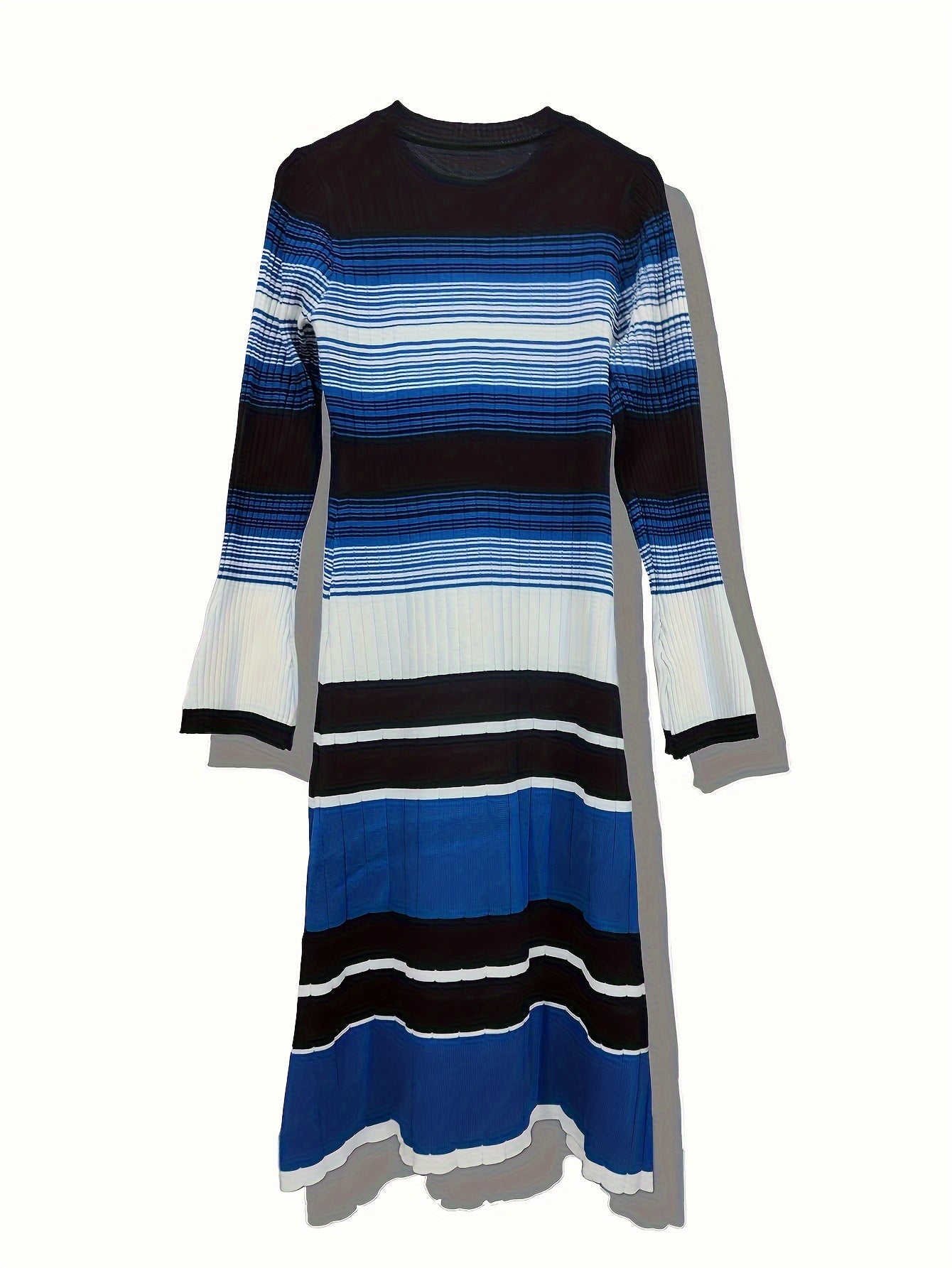 Antmvs Striped Print Long Sleeve Knit Dress, Elegant Crew Neck A-line Dress, Women's Clothing