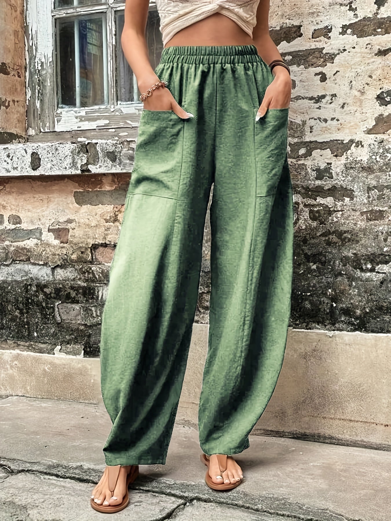 Antmvs Boho Solid Elastic Waist Harem Pants, Casual Long Length Baggy Pants With Pockets For Spring & Summer, Women's Clothing