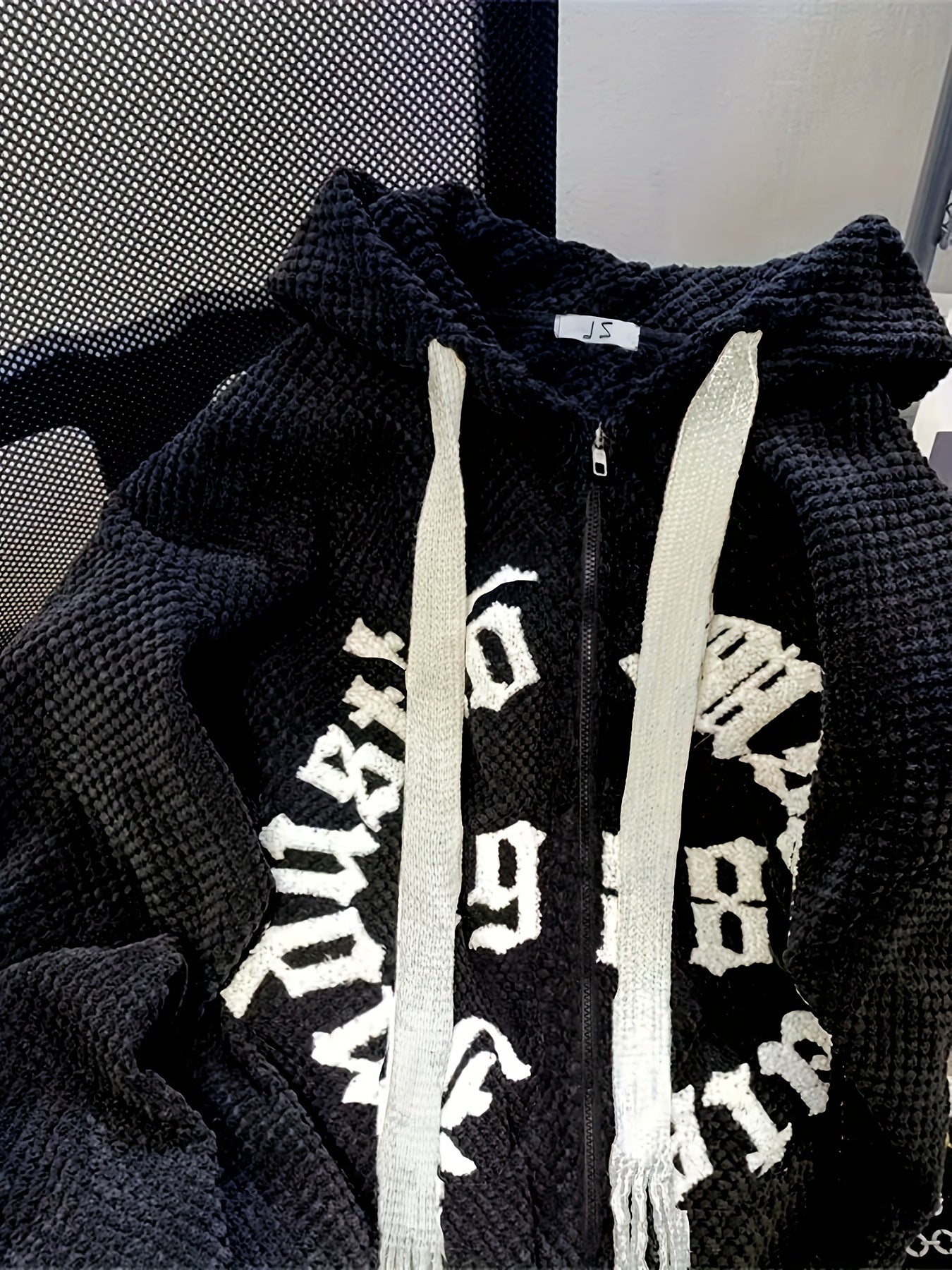 Antmvs Slogan Print Zip-up Textured Hoodie, Casual Long Sleeve Drawstring Hoodie Outerwear, Women's Clothing
