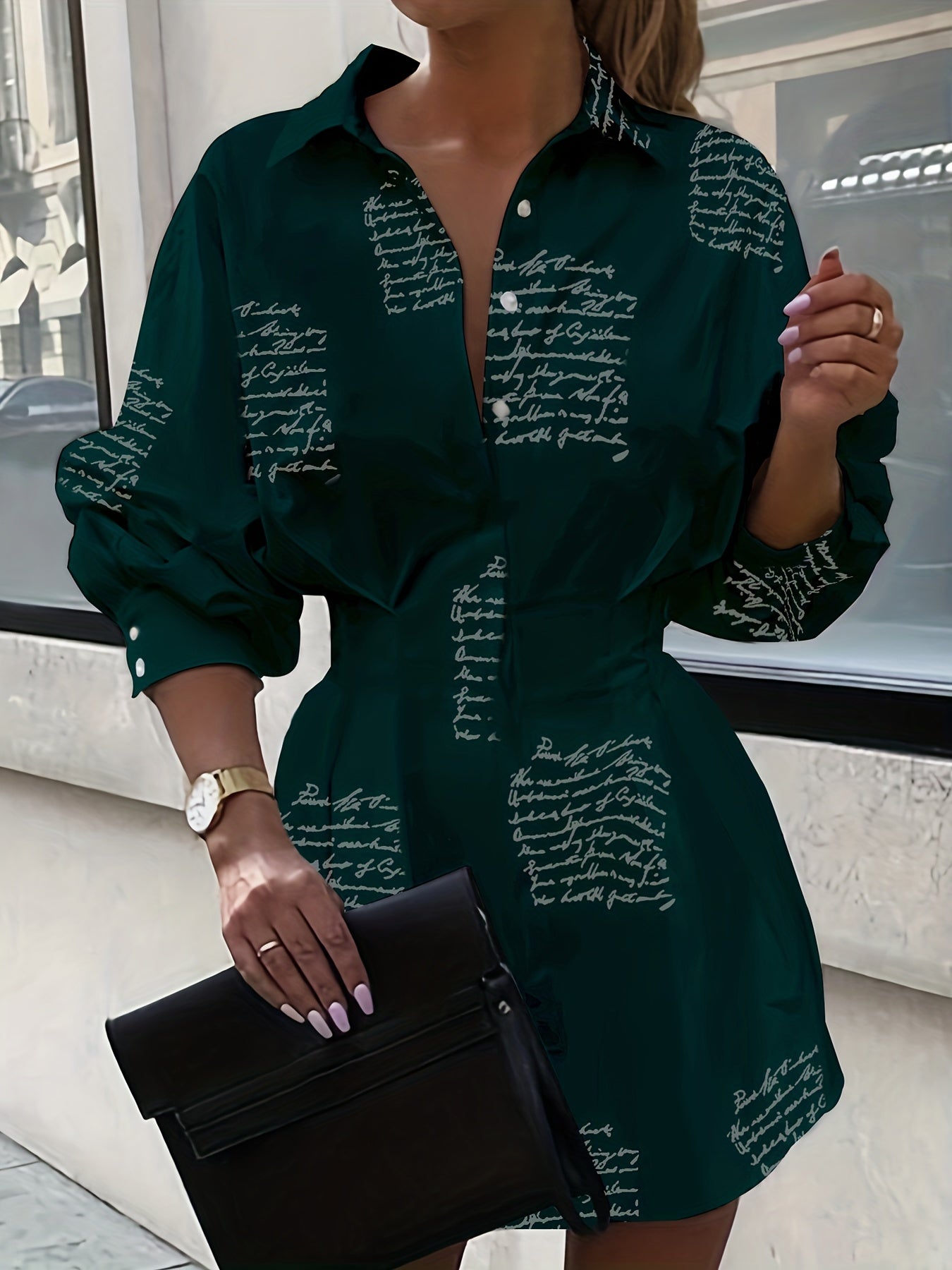 Antmvs Letter Print Slim Waist Blouse, Casual Button Front Summer Collar Blouse, Women's Clothing