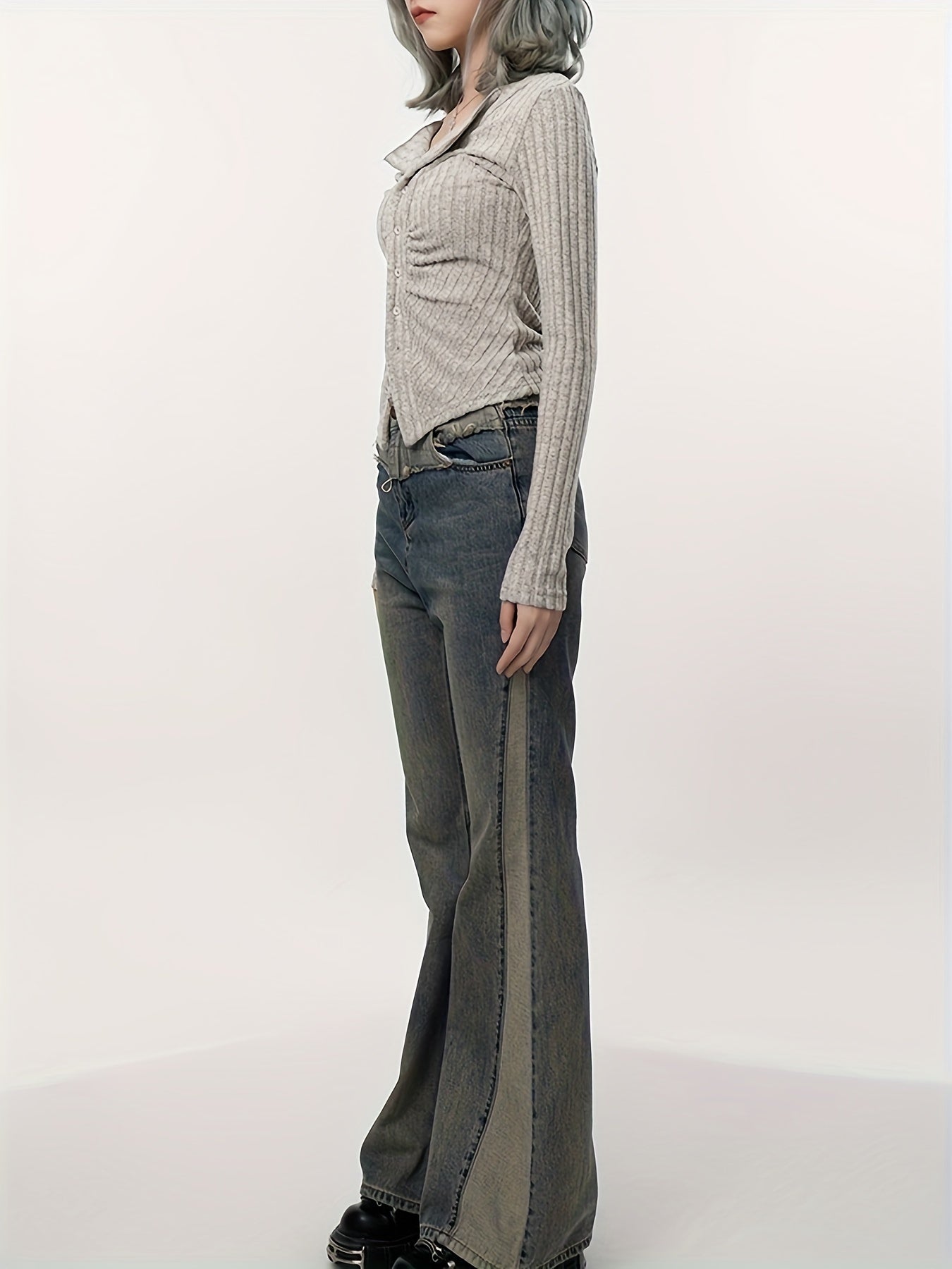 Antmvs Long Sleeve Ribbed T-Shirt, Casual Button Up Top For Spring & Fall, Women's Clothing