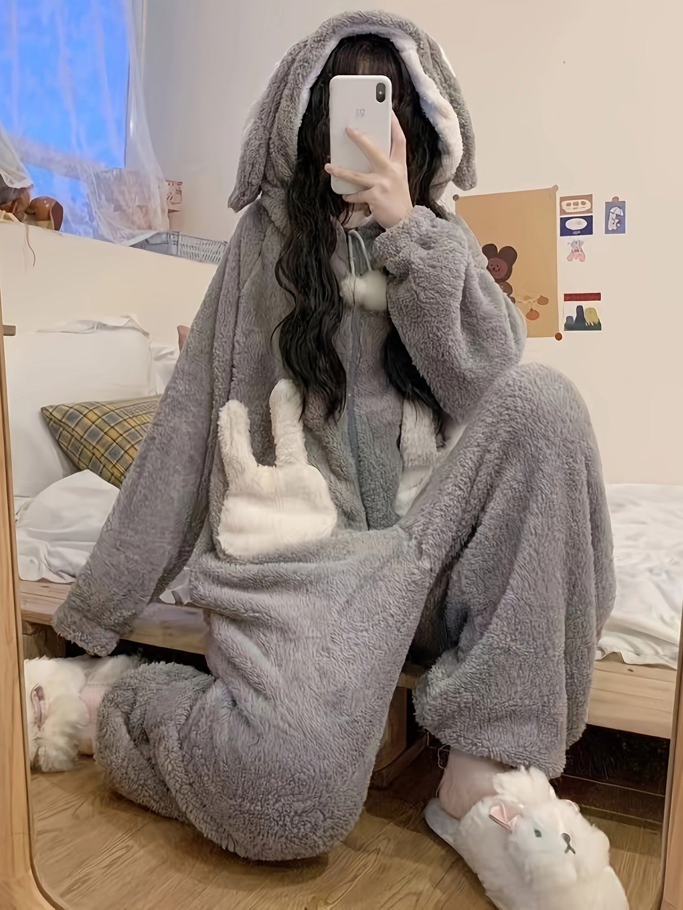 Antmvs Cartoon Bunny Fuzzy Hooded Jumpsuit, Cute Long Sleeve Zipper Pajamas, Women's Sleepwear & Loungewear