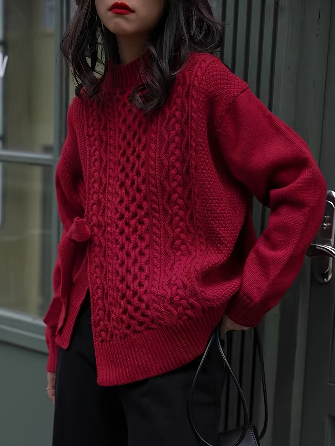 Antmvs Solid Lace Up Cable Knit Sweater, Casual Mock Neck Long Sleeve Loose Pullover Sweater, Women's Clothing