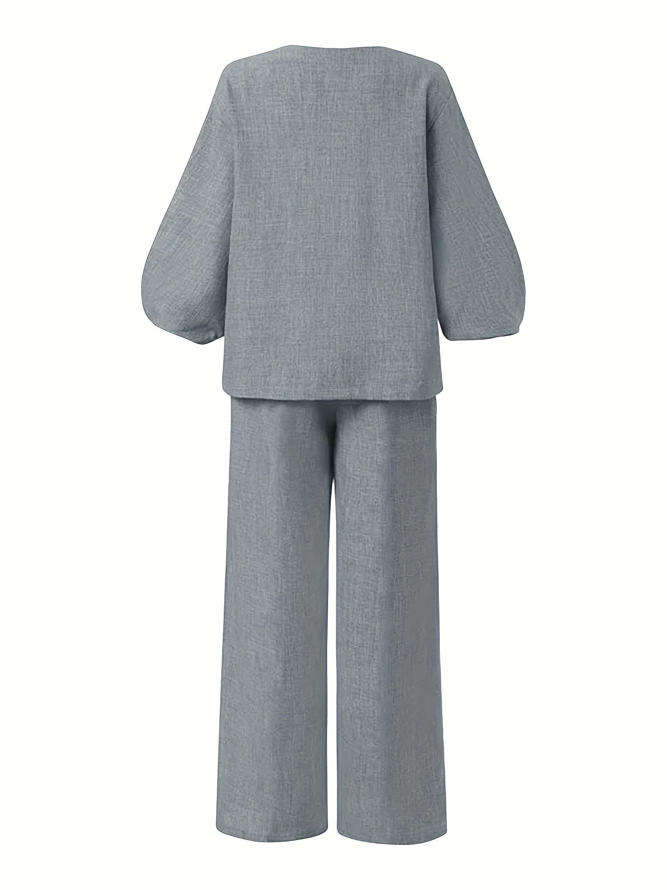 Antmvs Solid Casual Two-piece Set, V Neck Lantern Sleeve Tops & Wide Leg Pants Outfits, Women's Clothing