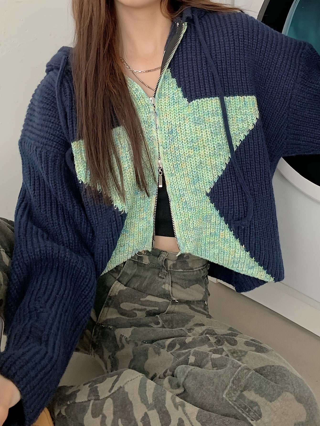 Antmvs Star Pattern Knit Drawstring Hooded Sweater, Casual Zip Up Long Sleeve Loose Sweater, Women's Clothing