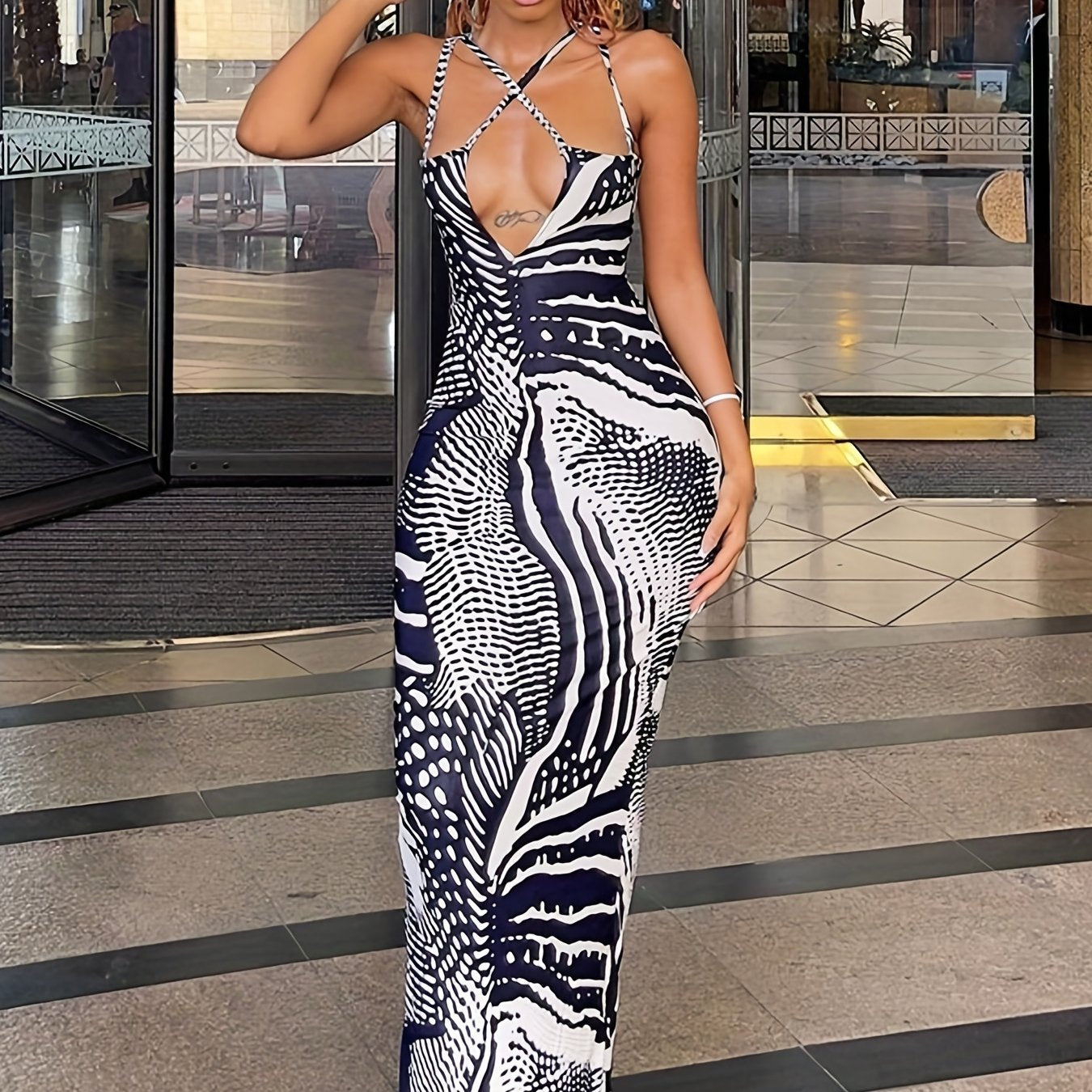 Antmvs Plunging V-neck Bodycon Dress, Crisscross Backless Cami Club Dress, Women's Clothing