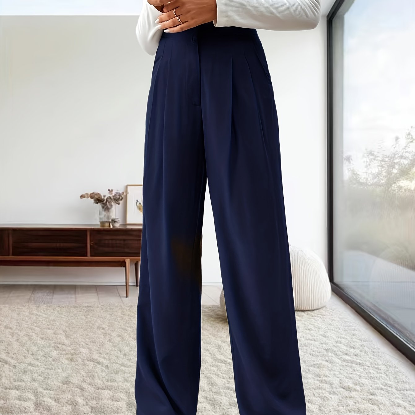 Antmvs Solid Ruched Pants, Casual High Waist Wide Leg Daily Work Pants, Women's Clothing