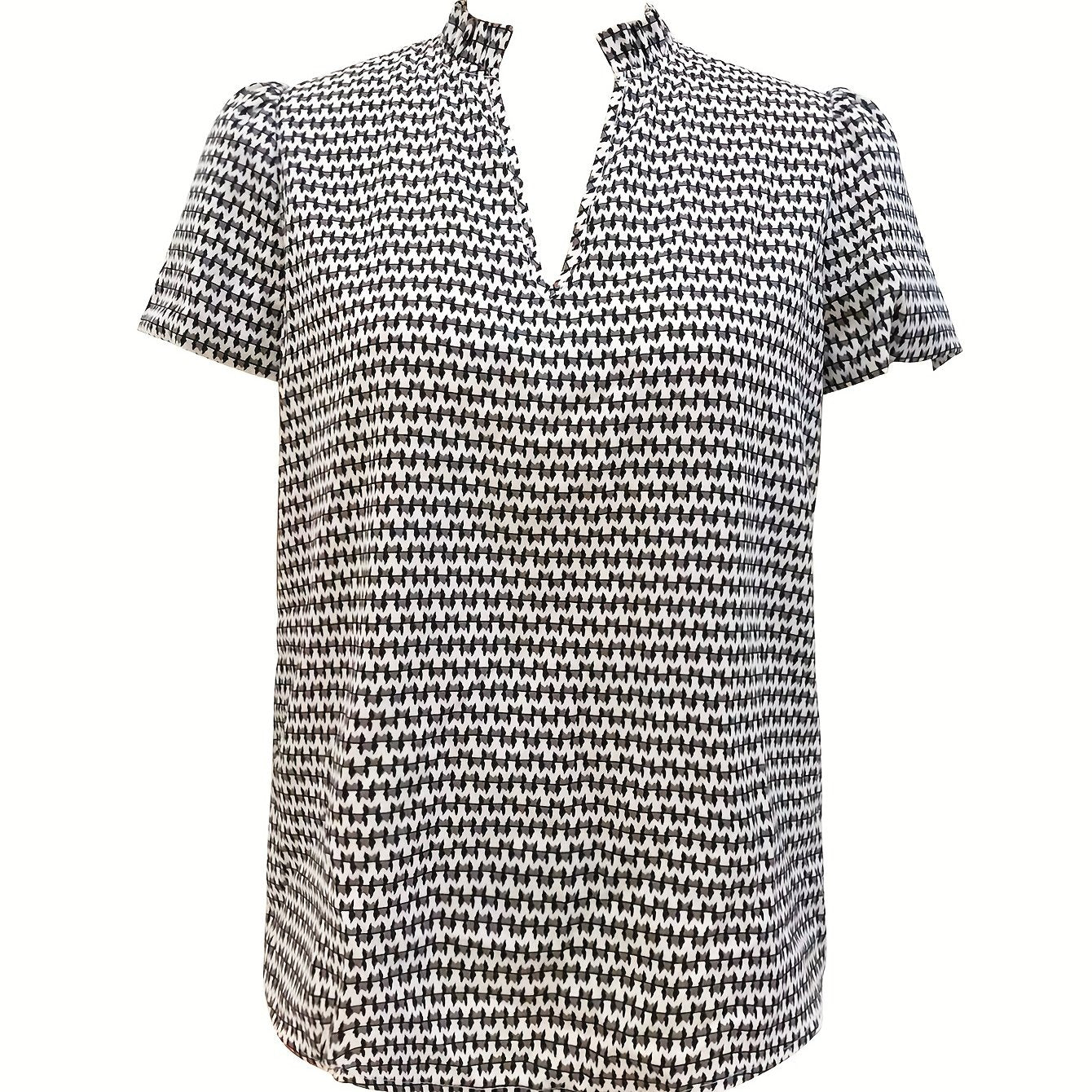 Antmvs Allover Print Notched Neck Blouse, Casual Short Sleeve Blouse For Spring & Summer, Women's Clothing