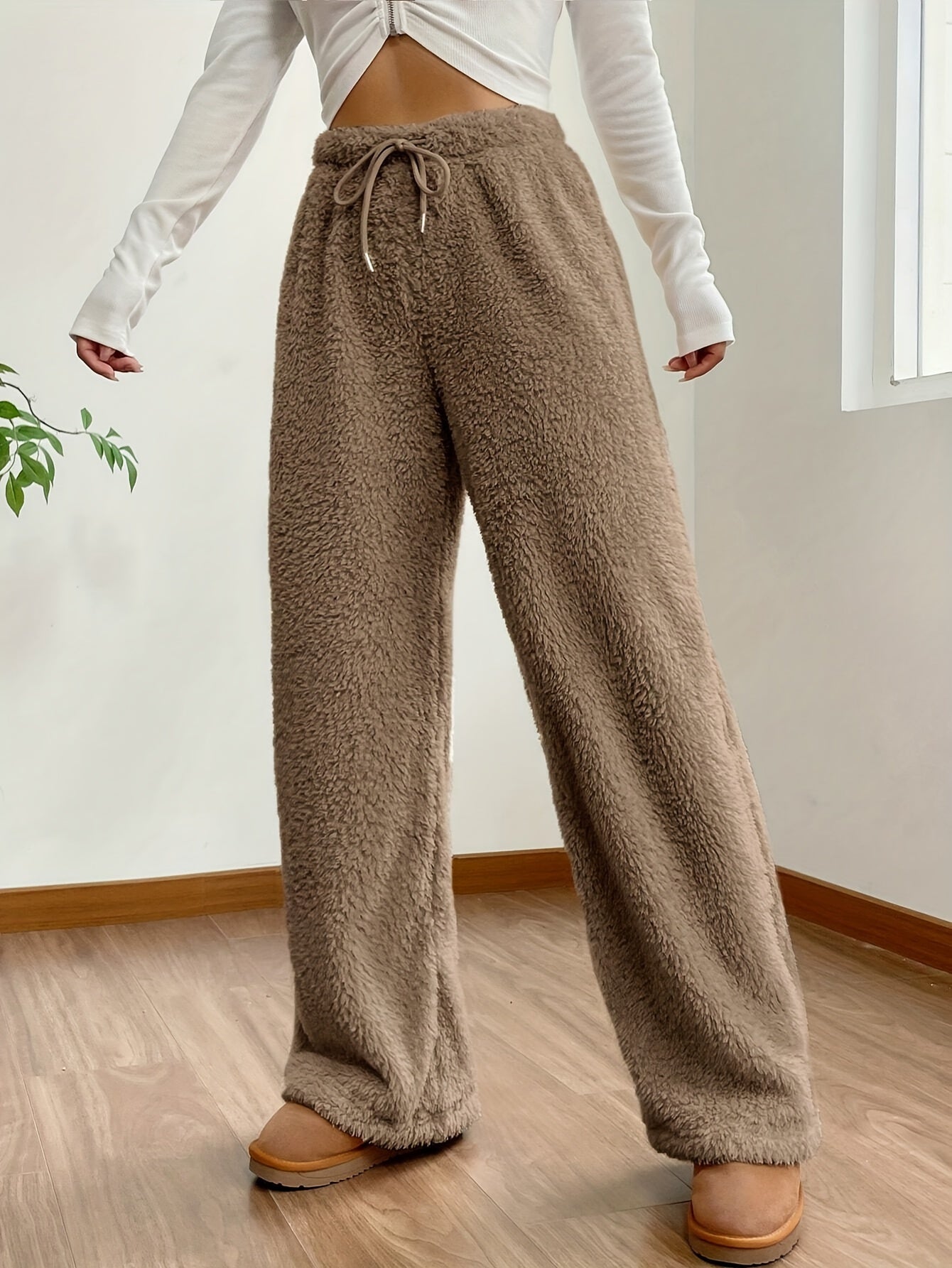 Antmvs Solid Color Teddy Bear Pants, Casual Drawstring Wide Leg Loose Pants, Women's Clothing