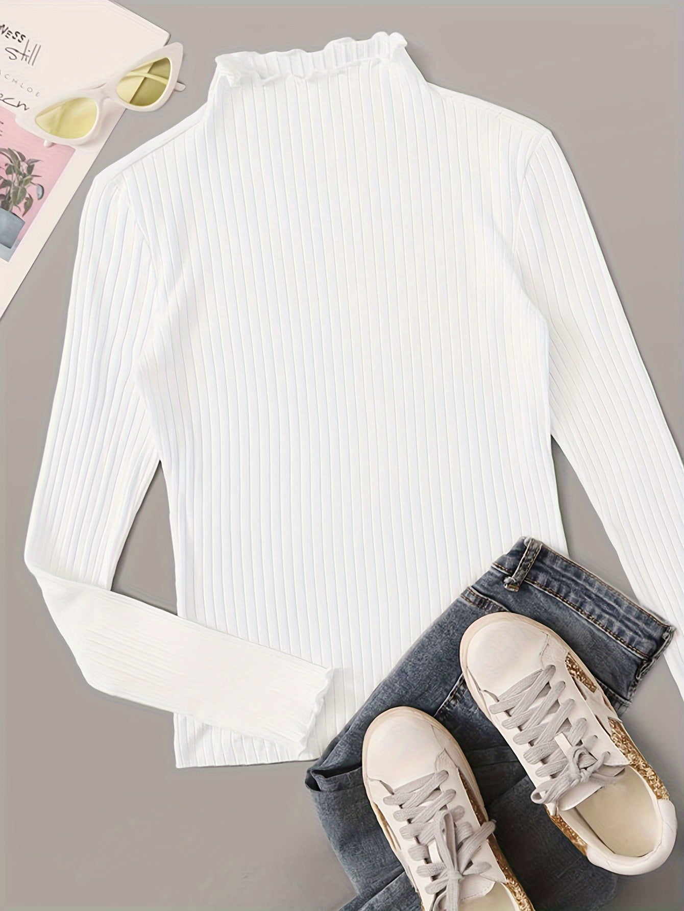Antmvs Solid Ribbed Mock Neck T-Shirt, Casual Long Sleeve Top For Spring & Fall, Women's Clothing
