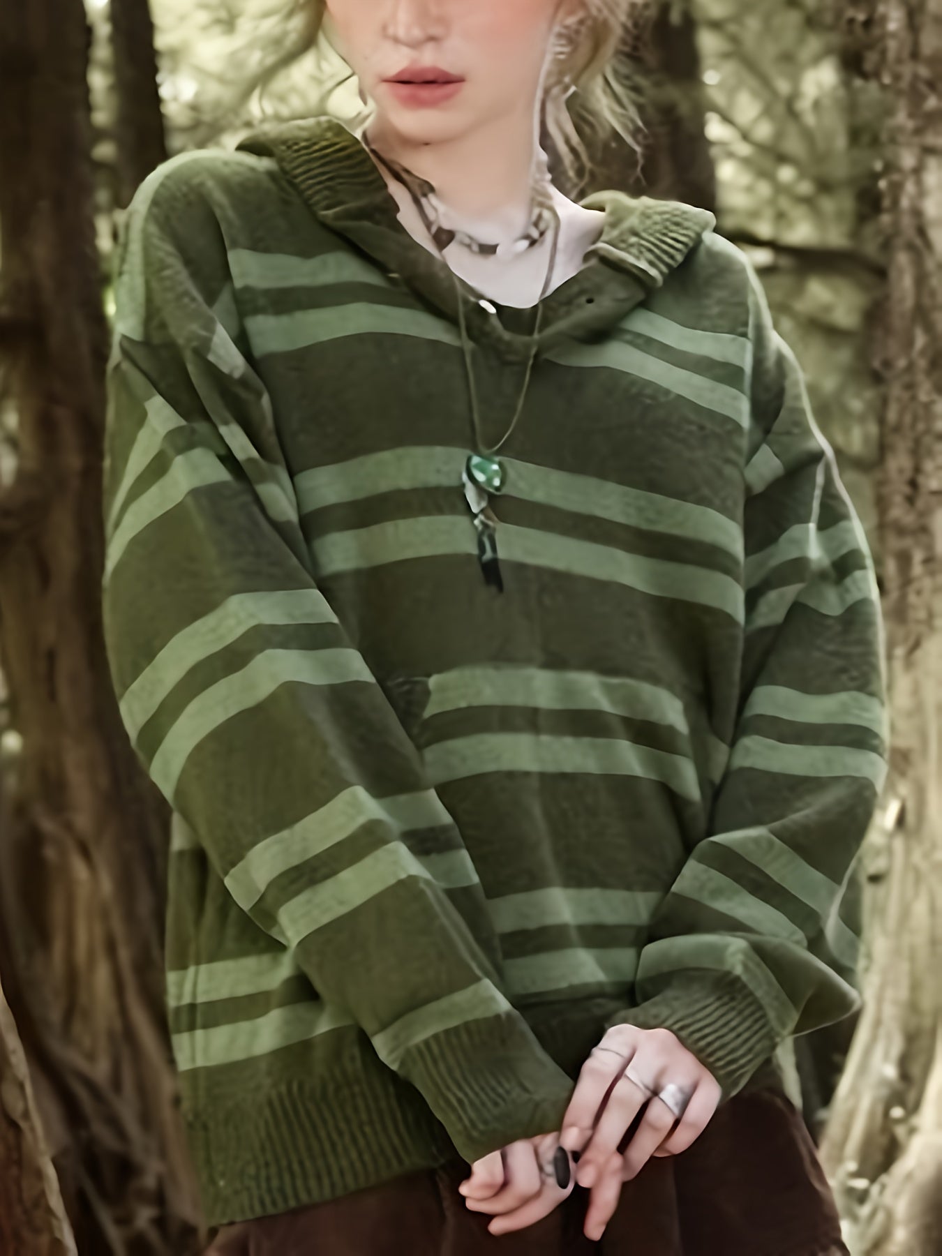 Antmvs Striped Drop Shoulder Knitted Hoodie, Casual Crew Neck Long Sleeve Pullover Hoodie, Women's Clothing