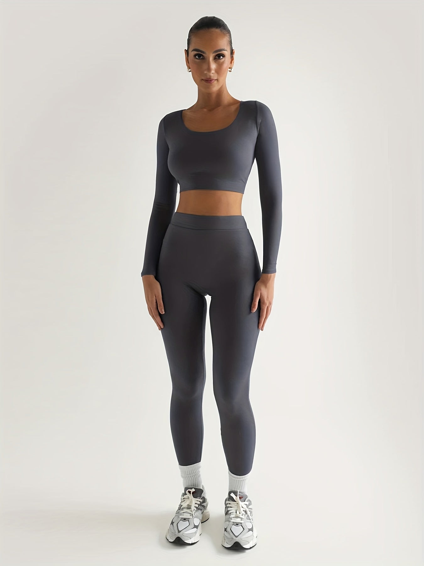 Antmvs Solid Slim Two-piece Set, Casual Long Sleeve Crop Top & High Waist Skinny Pants Outfits, Women's Clothing