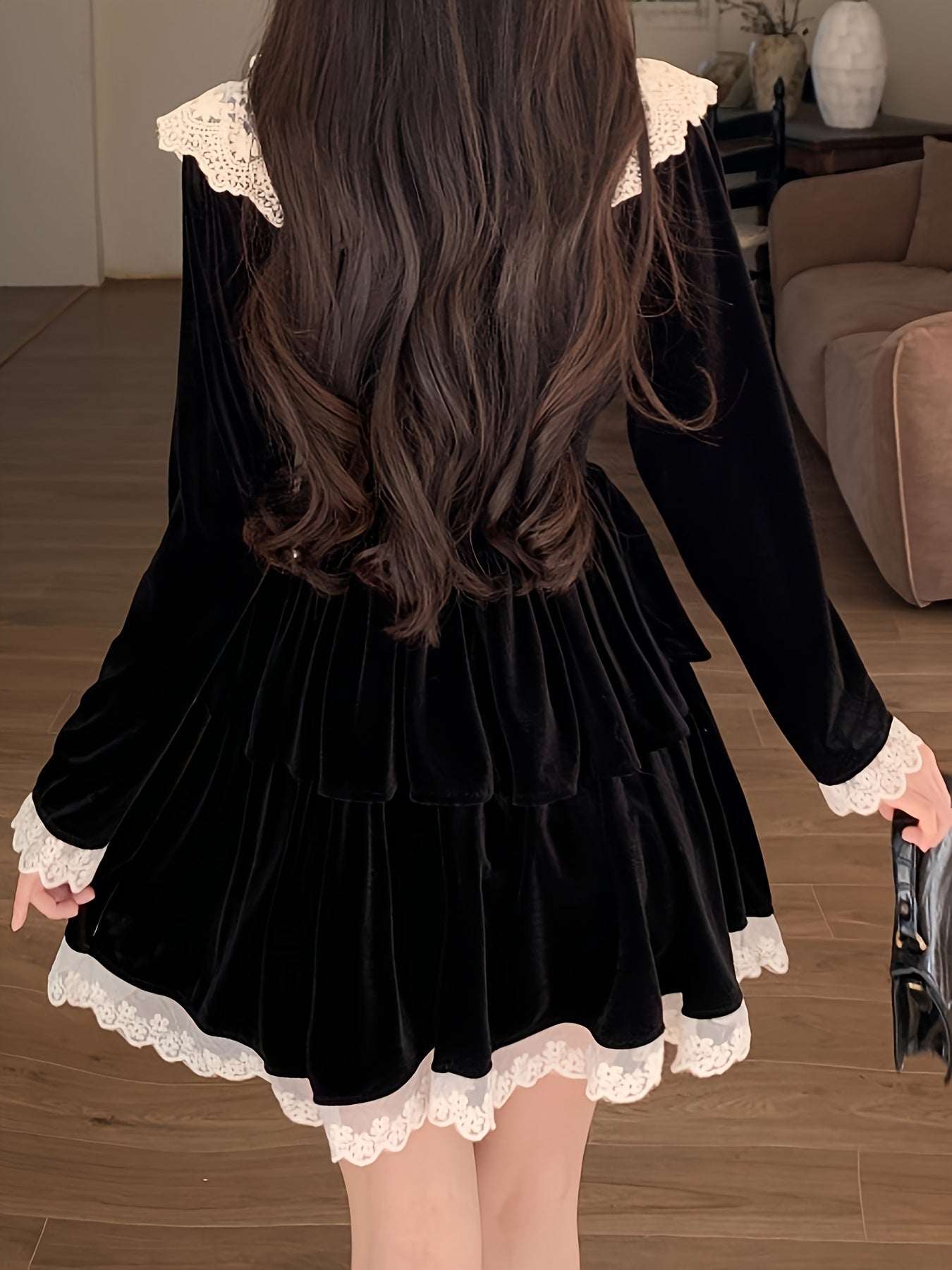 Antmvs Contrast Trim Lace Splicing Velvet Dress, Sweet Button Front Bow Decor Dress For Spring & Fall, Women's Clothing