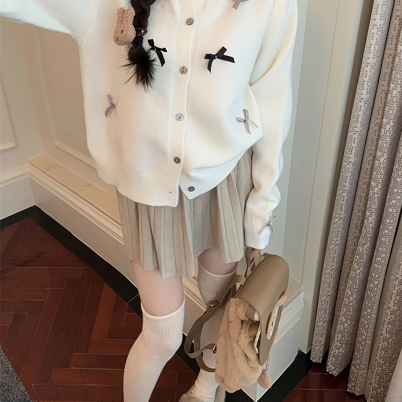 Antmvs Bow Decor Button Up Knit Cardigan, Casual Crew Neck Long Sleeve Sweater, Women's Clothing