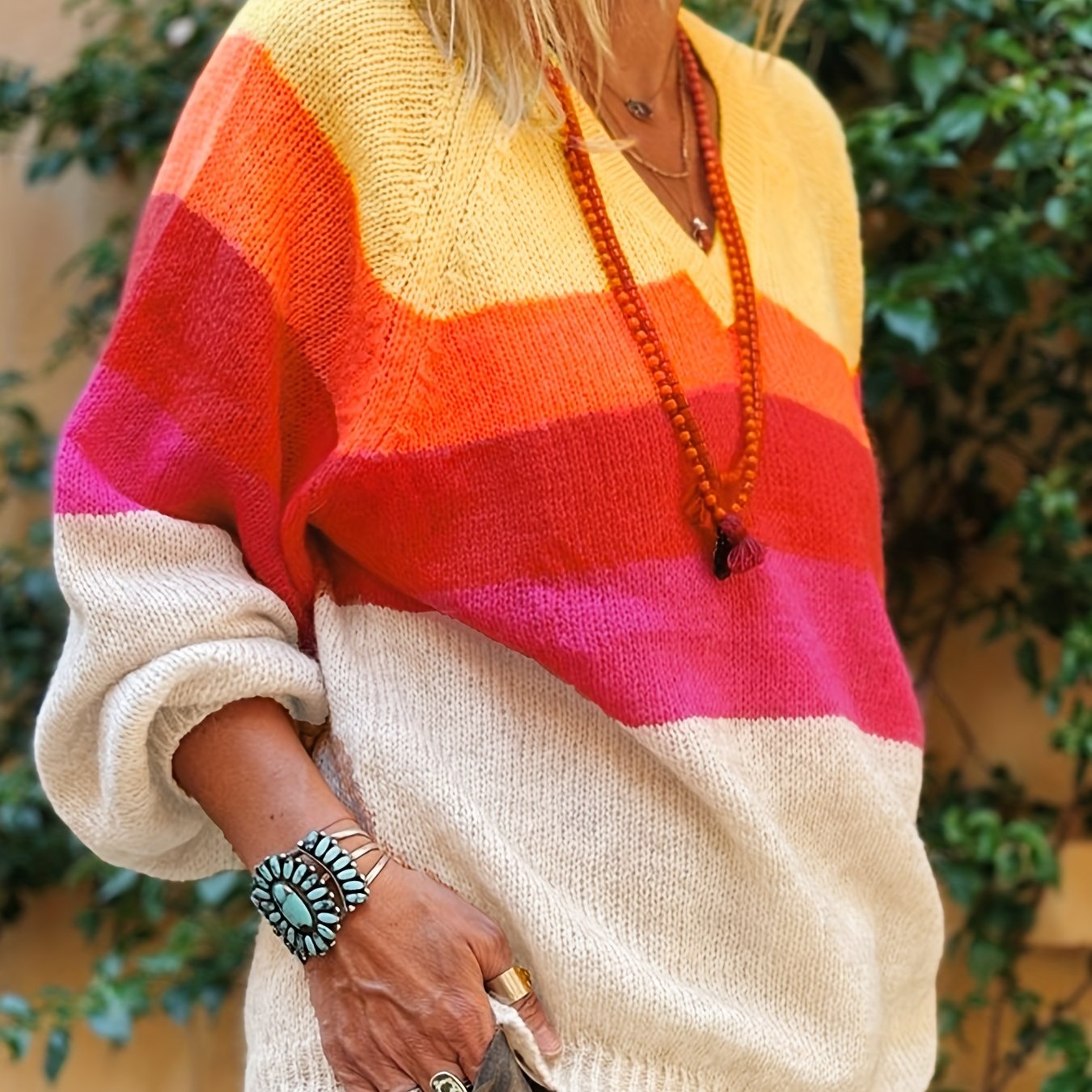 Antmvs Plus Size Casual Sweater, Women's Plus Colorblock Stripe Print Lantern Sleeve V Neck Jumper