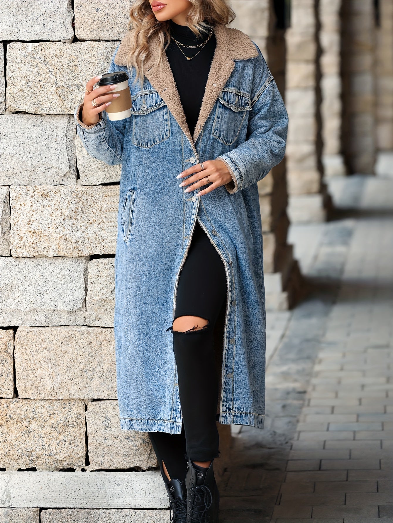 Antmvs Plain Fleece Liner Long Denim Coat, Long Sleeves Drop Shoulder Casual Denim Jackets, Women's Denim Clothing