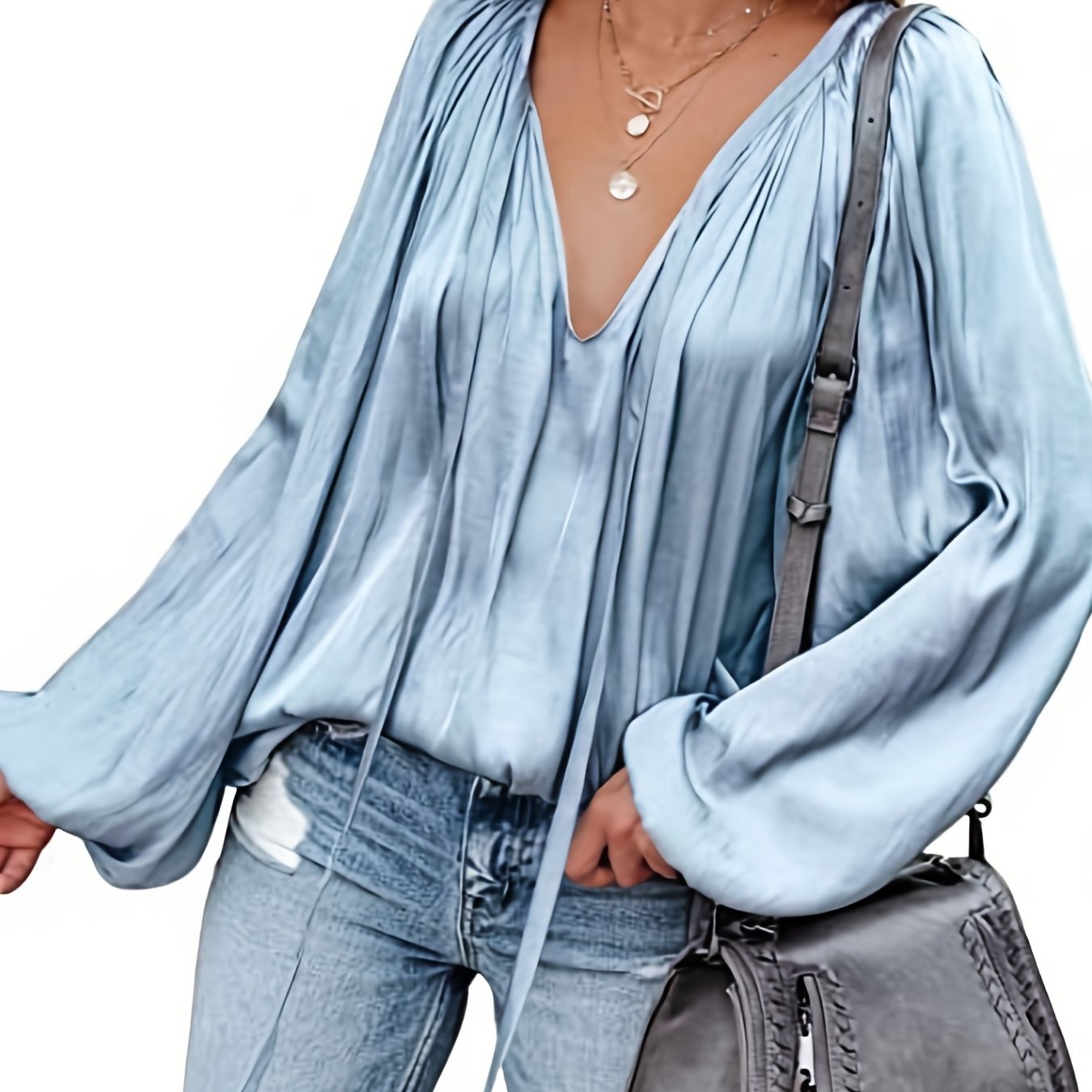 Antmvs Lantern Long Sleeve Satin Blouse, Elegant V Neck Tops For Spring & Summer, Women's Clothing