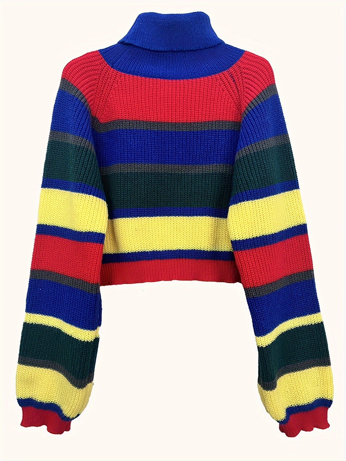 Antmvs Bear Pattern Striped Pullover Sweater, Cute Turtle Neck Long Sleeve Crop Sweater, Women's Clothing