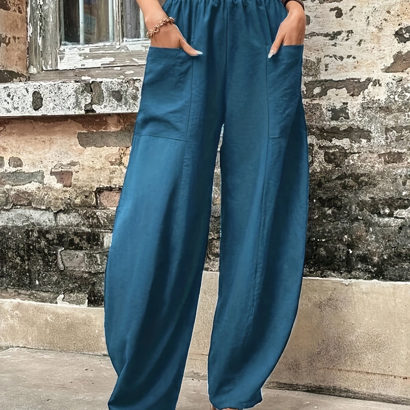 Antmvs Boho Solid Elastic Waist Harem Pants, Casual Long Length Baggy Pants With Pockets For Spring & Summer, Women's Clothing