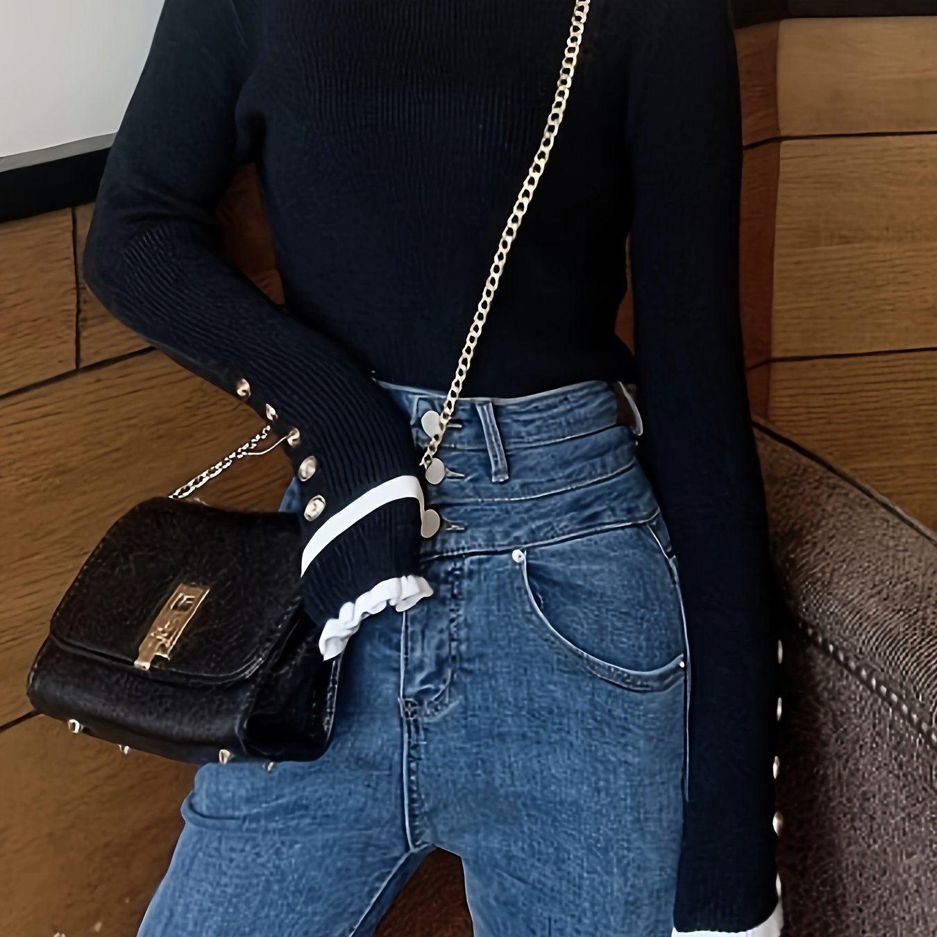 Antmvs Lettuce Trim Turtle Neck Pullover Sweater, Elegant Button Long Sleeve Slim Sweater, Women's Clothing