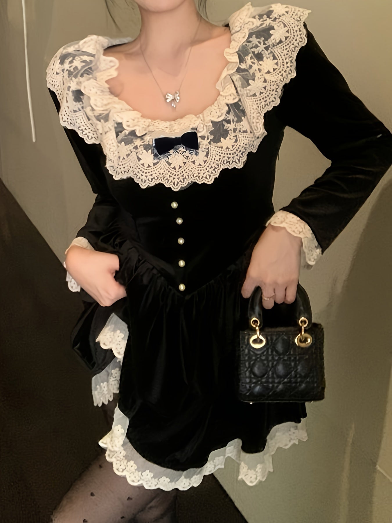 Antmvs Contrast Trim Lace Splicing Velvet Dress, Sweet Button Front Bow Decor Dress For Spring & Fall, Women's Clothing