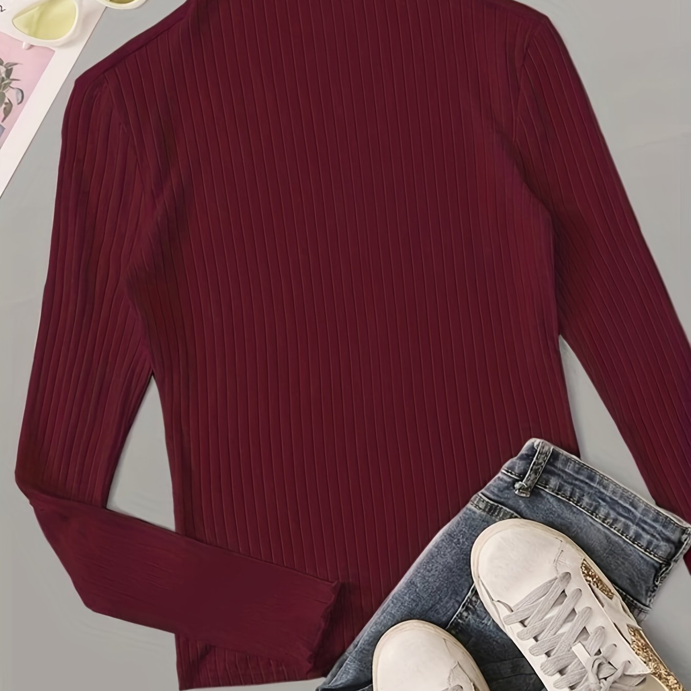 Antmvs Solid Ribbed Mock Neck T-Shirt, Casual Long Sleeve Top For Spring & Fall, Women's Clothing