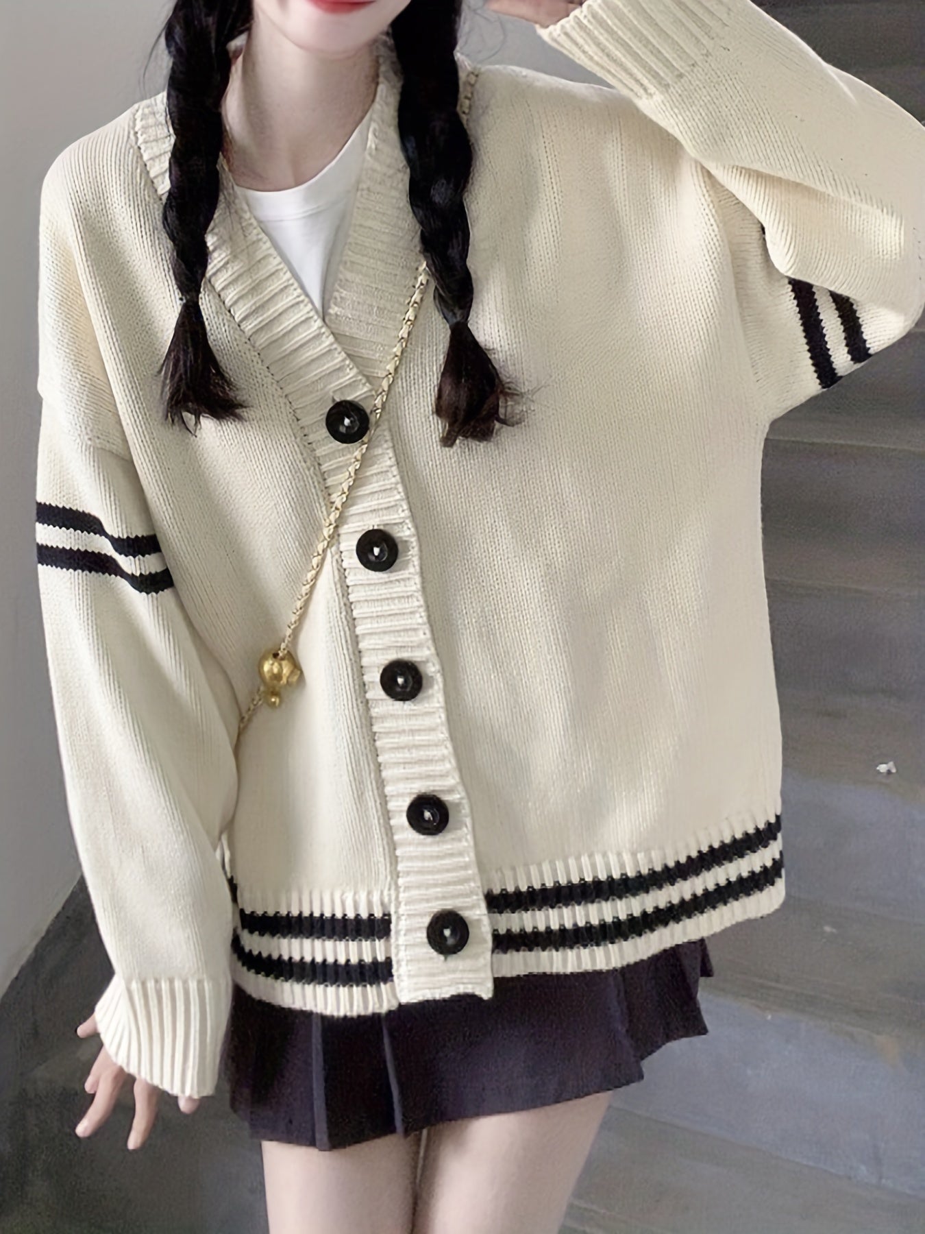 Antmvs Striped Button V-neck Cardigan, Casual Long Sleeve Cardigan For Fall & Winter, Women's Clothing