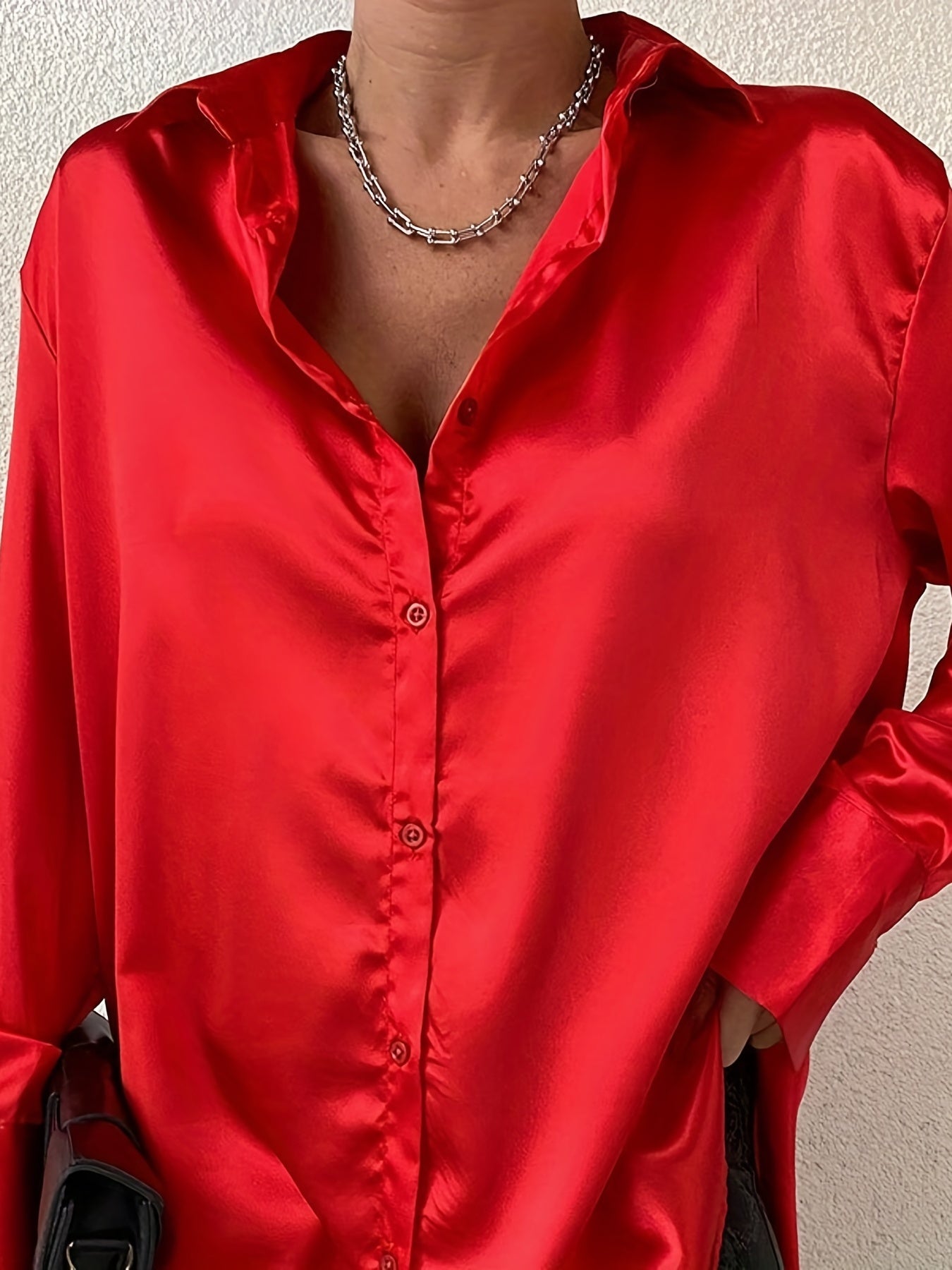 Antmvs Solid Button Front Shirt, Casual Satin Long Sleeve Collar Shirt, Women's Clothing