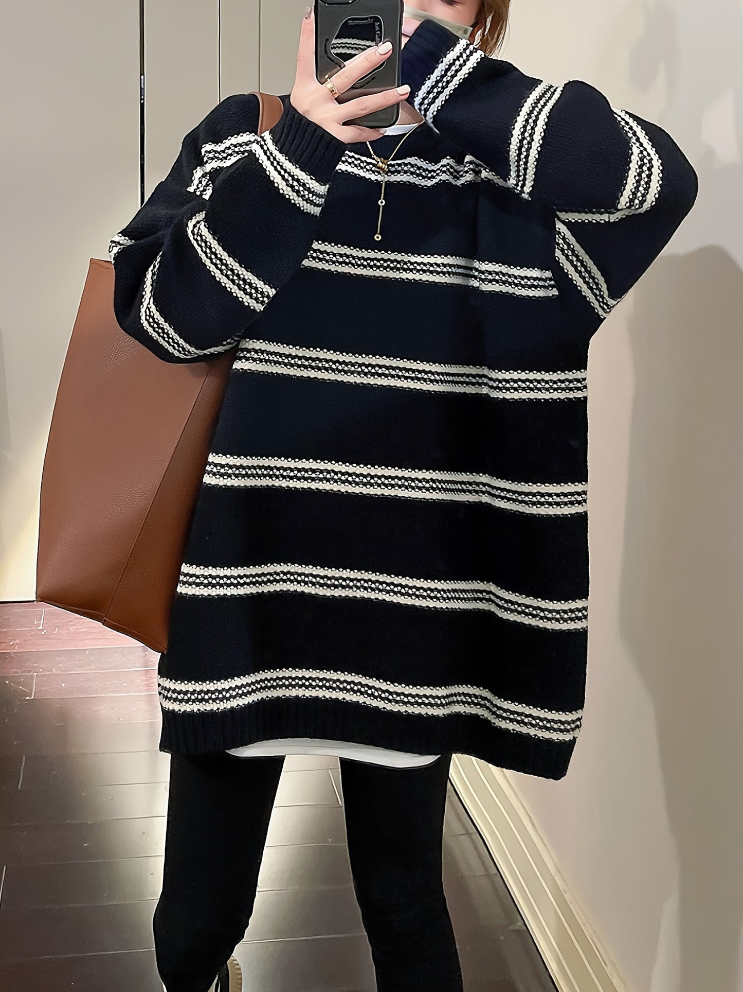 Antmvs Striped Crew Neck Pullover Sweater, Vintage Long Sleeve Oversized Slouchy Sweater, Women's Clothing