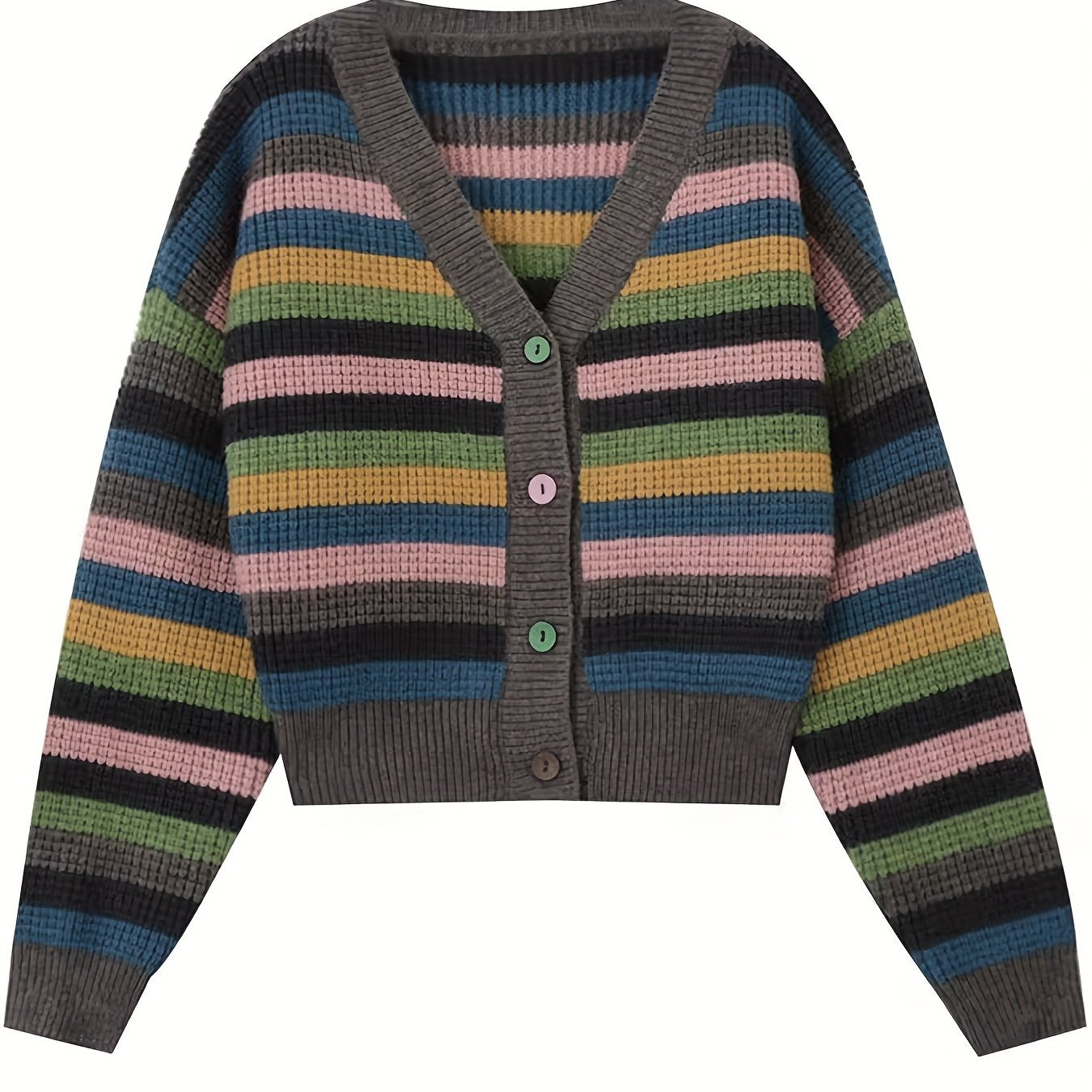 Antmvs Striped Button Down Knit Cardigan, Vintage V Neck Long Sleeve Sweater, Women's Clothing