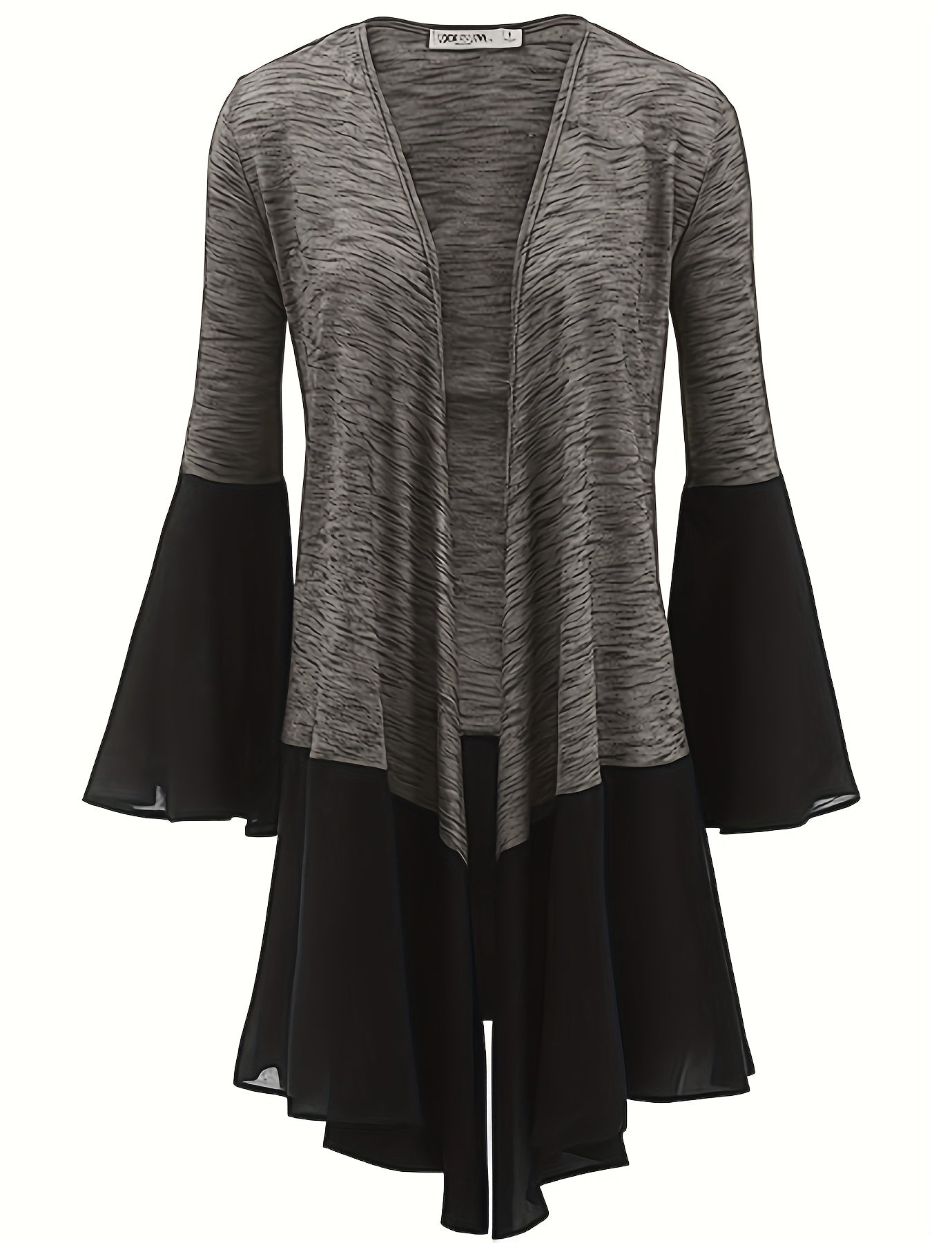 Antmvs Plus Size Elegant Overcoat, Women's Plus Contrast Mesh Bell Sleeve Open Front Slight Stretch Asymmetric Hem Cardigan