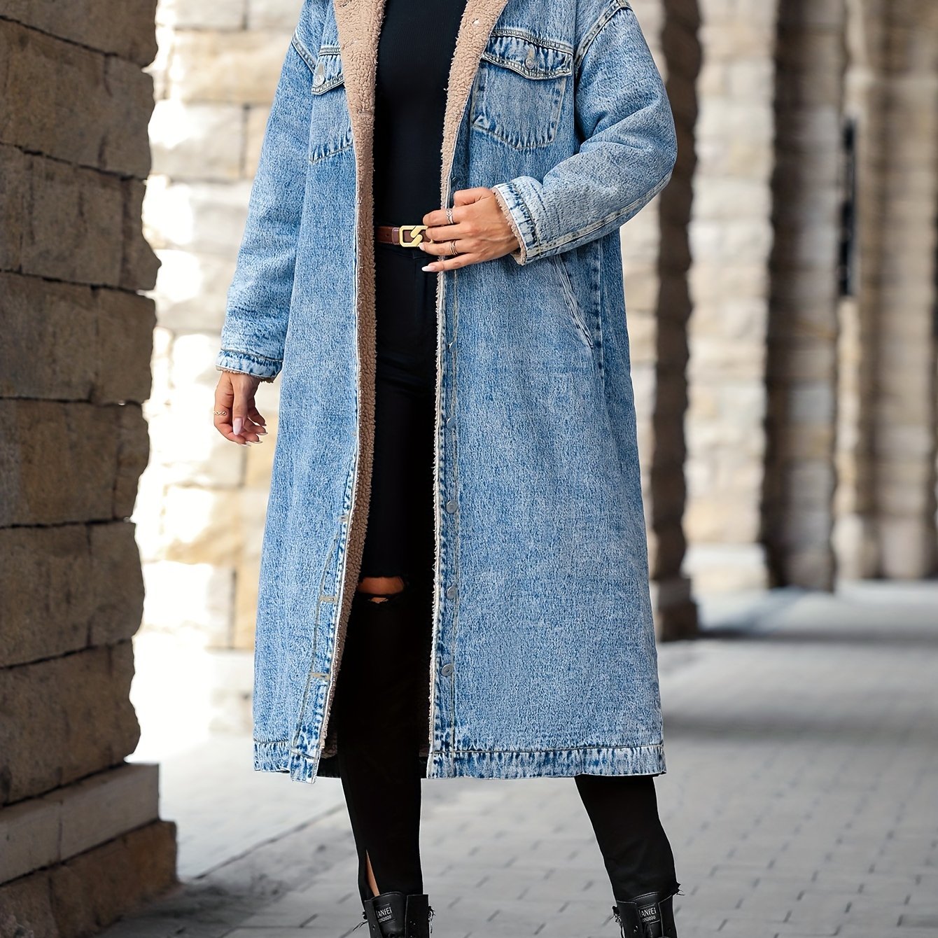Antmvs Plain Fleece Liner Long Denim Coat, Long Sleeves Drop Shoulder Casual Denim Jackets, Women's Denim Clothing
