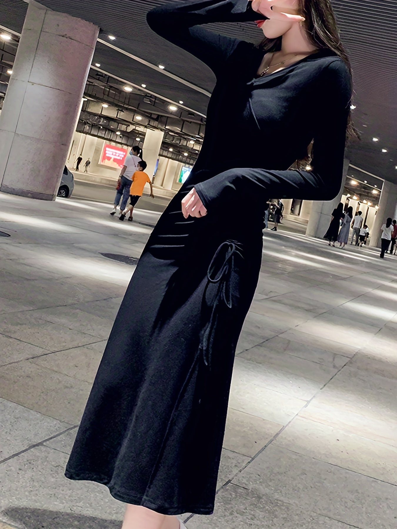 Antmvs Split Hem Drawstring Ruched Dress, Stylish V Neck Long Sleeve Dress For Spring & Fall, Women's Clothing